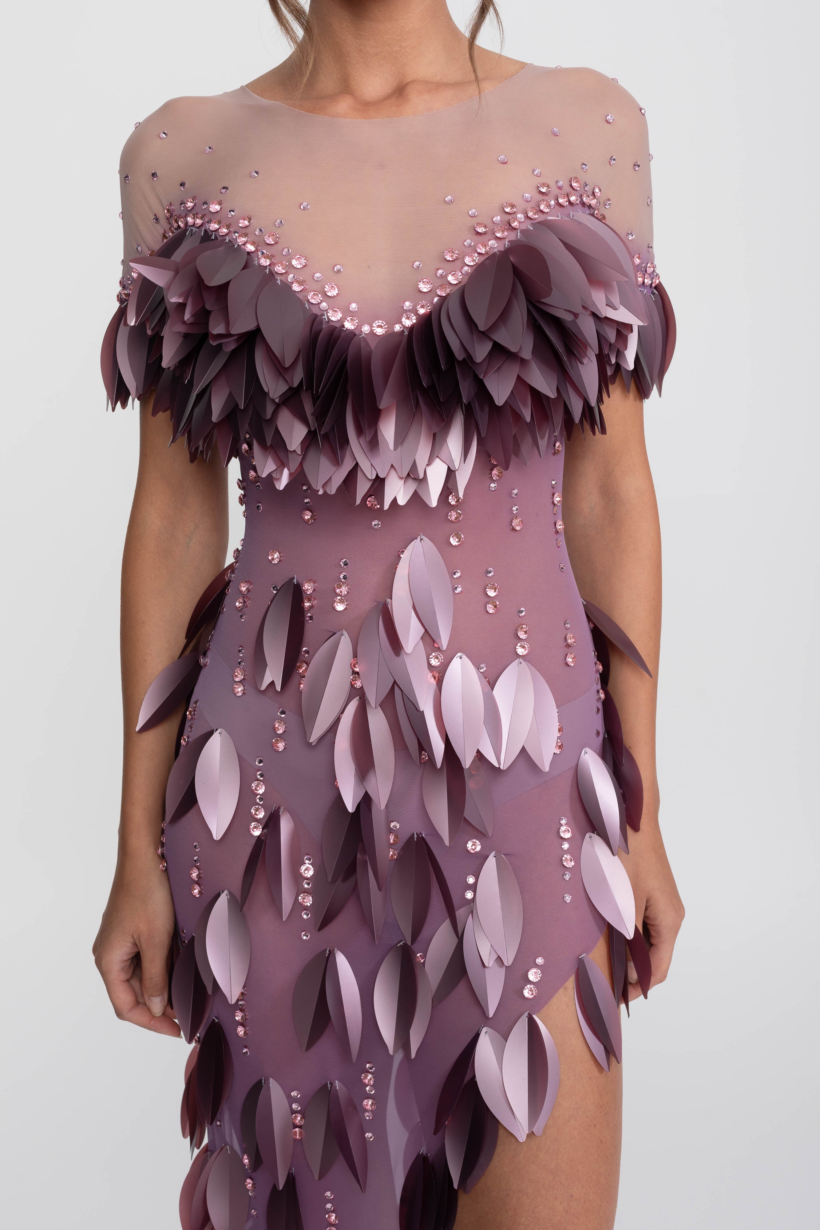 3D-Petal-Perlen-Slit-Kleid mit kurzen Ärmeln - Lila 
