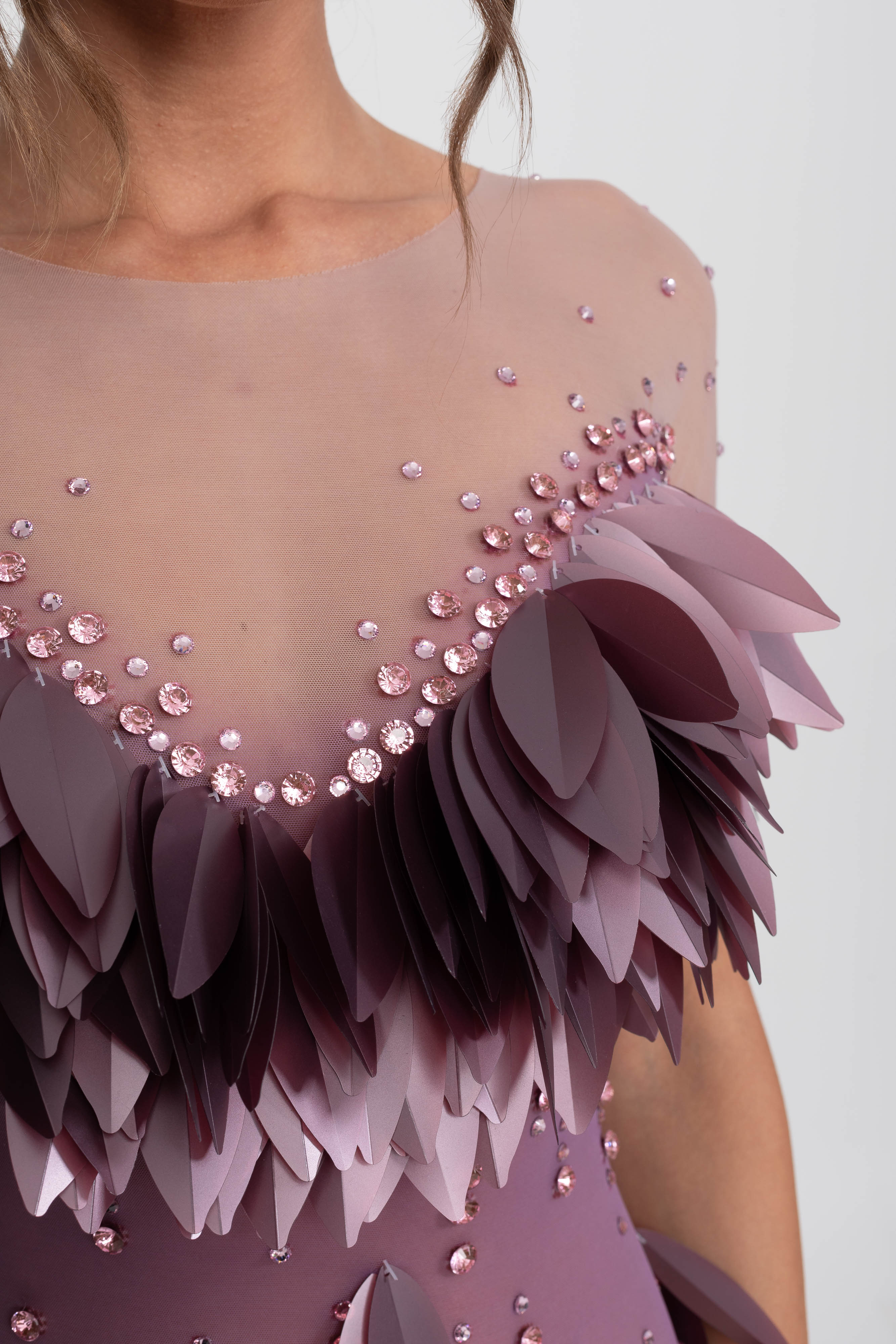 3D-Petal-Perlen-Slit-Kleid mit kurzen Ärmeln - Lila 