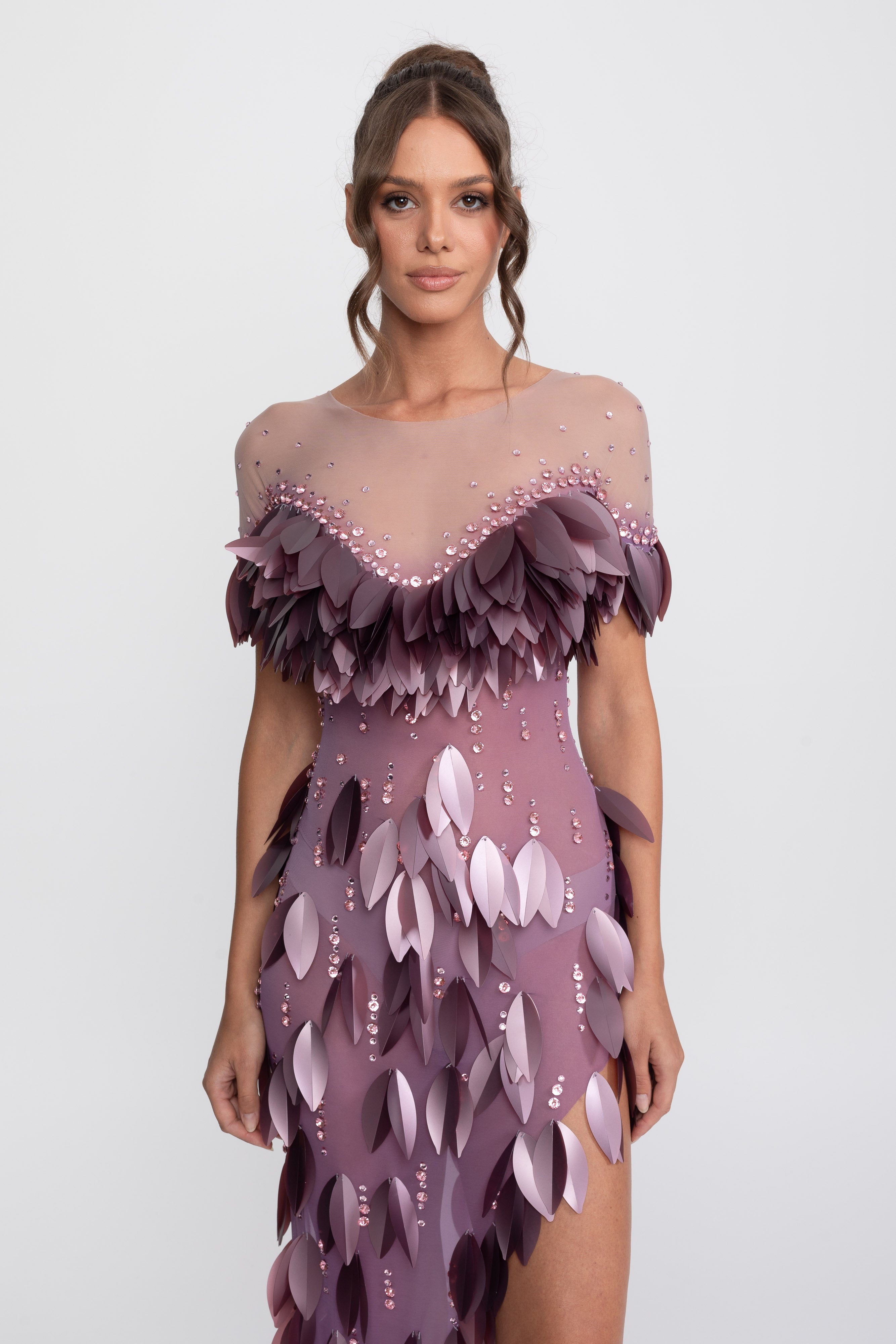 3D-Petal-Perlen-Slit-Kleid mit kurzen Ärmeln - Lila 