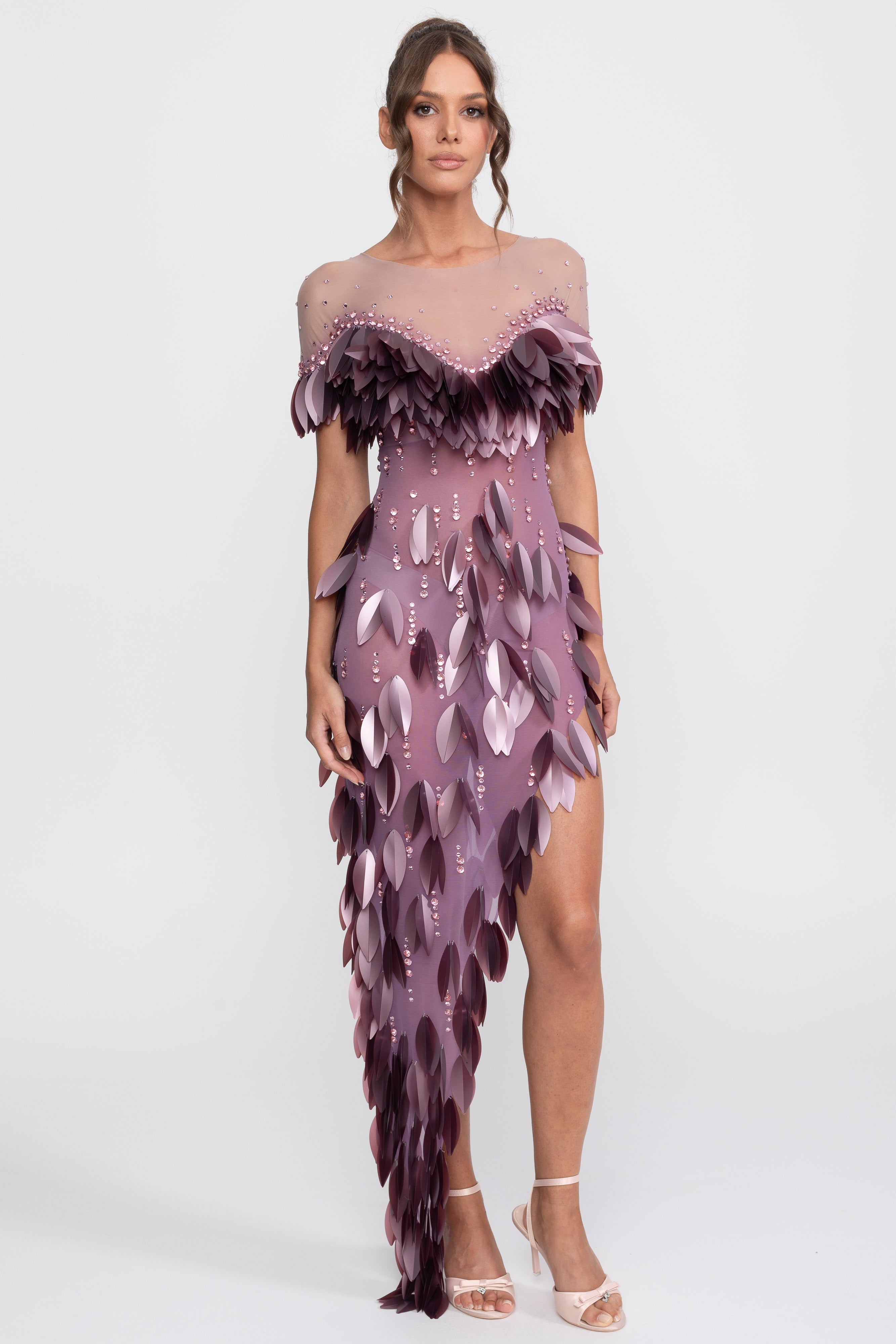 3D-Petal-Perlen-Slit-Kleid mit kurzen Ärmeln - Lila 