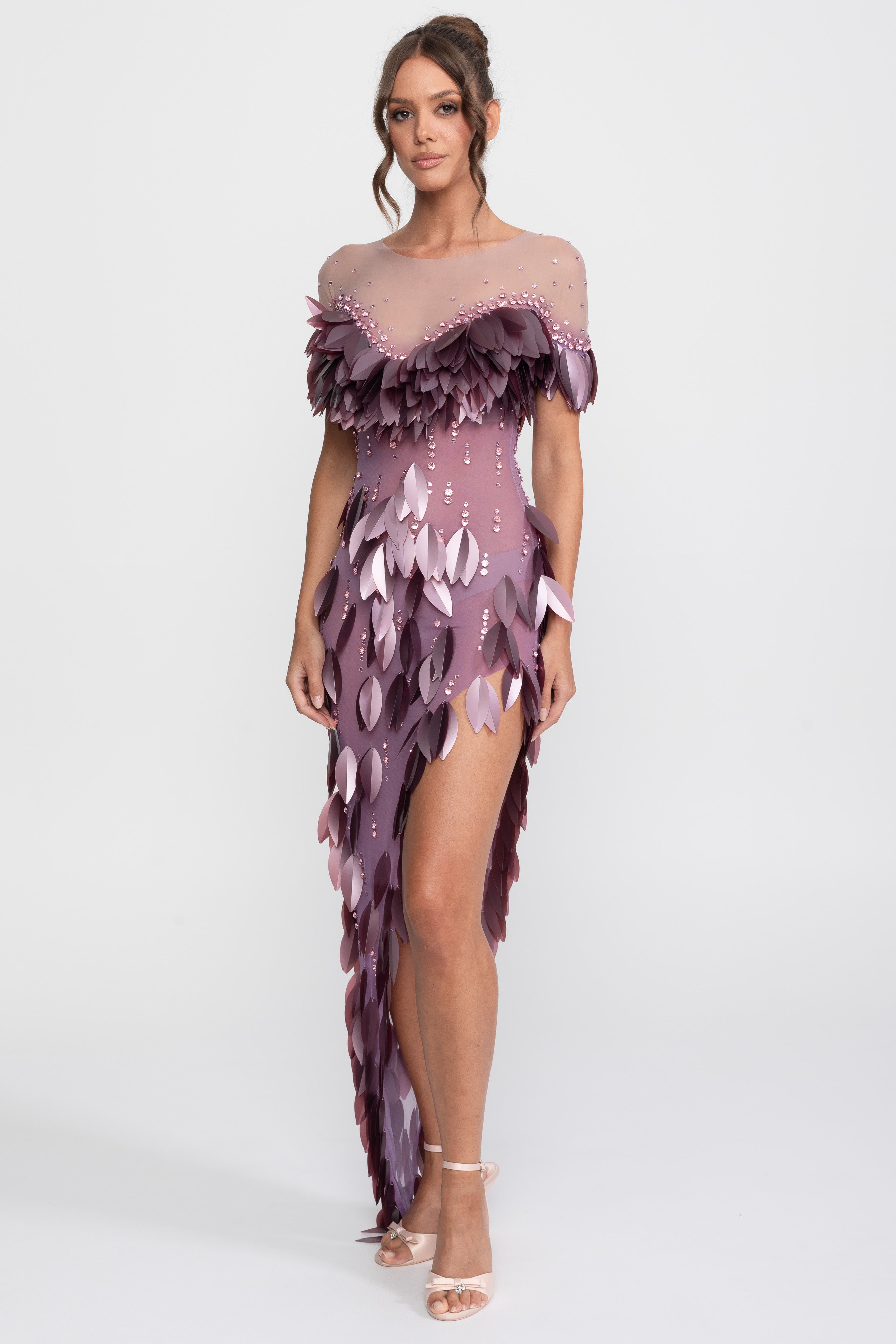 3D-Petal-Perlen-Slit-Kleid mit kurzen Ärmeln - Lila 