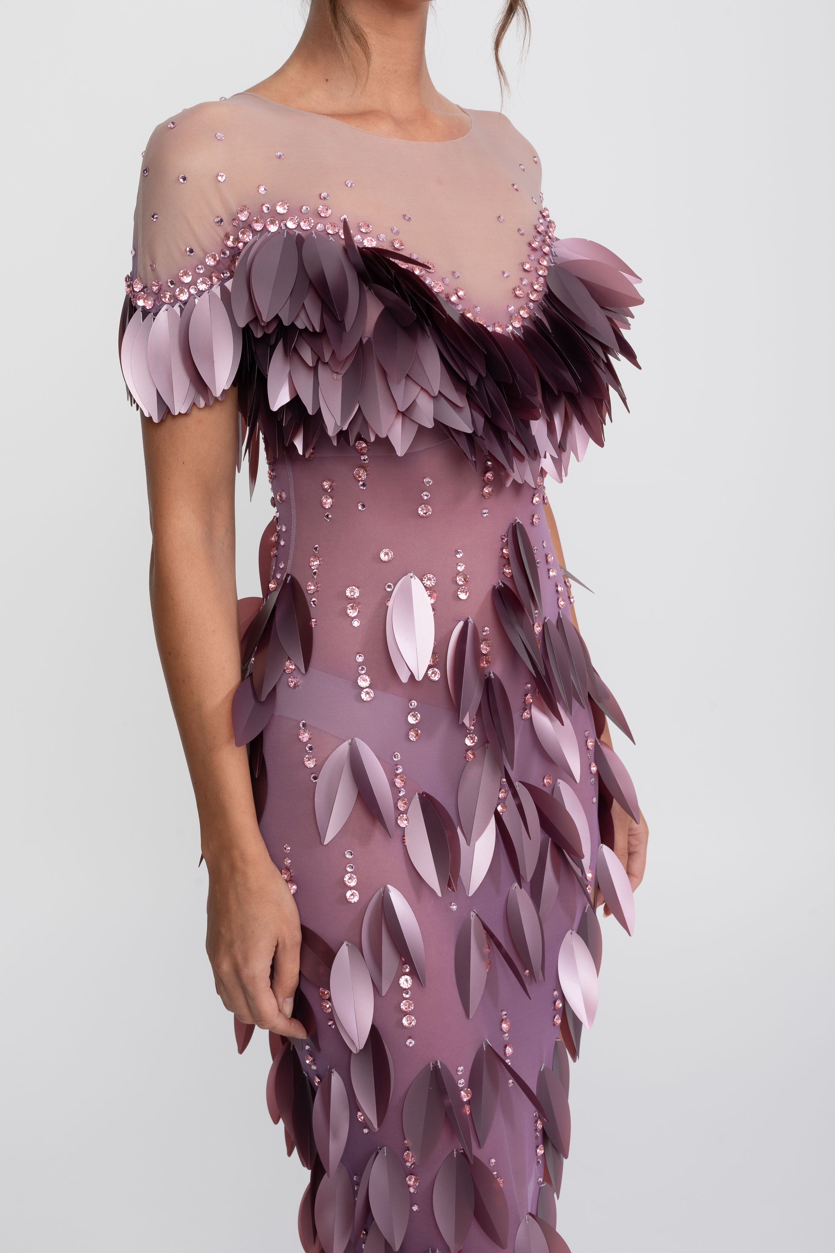 3D-Petal-Perlen-Slit-Kleid mit kurzen Ärmeln - Lila 