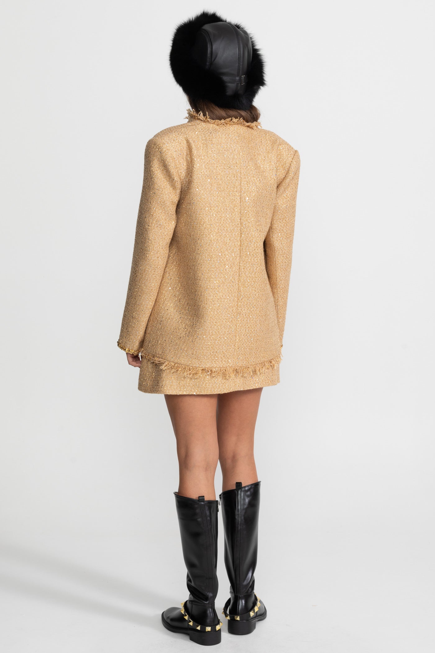 Textured Tweed Overcoat With Intricate Sequin Embellishments And Fringe Trim Accents - Gold