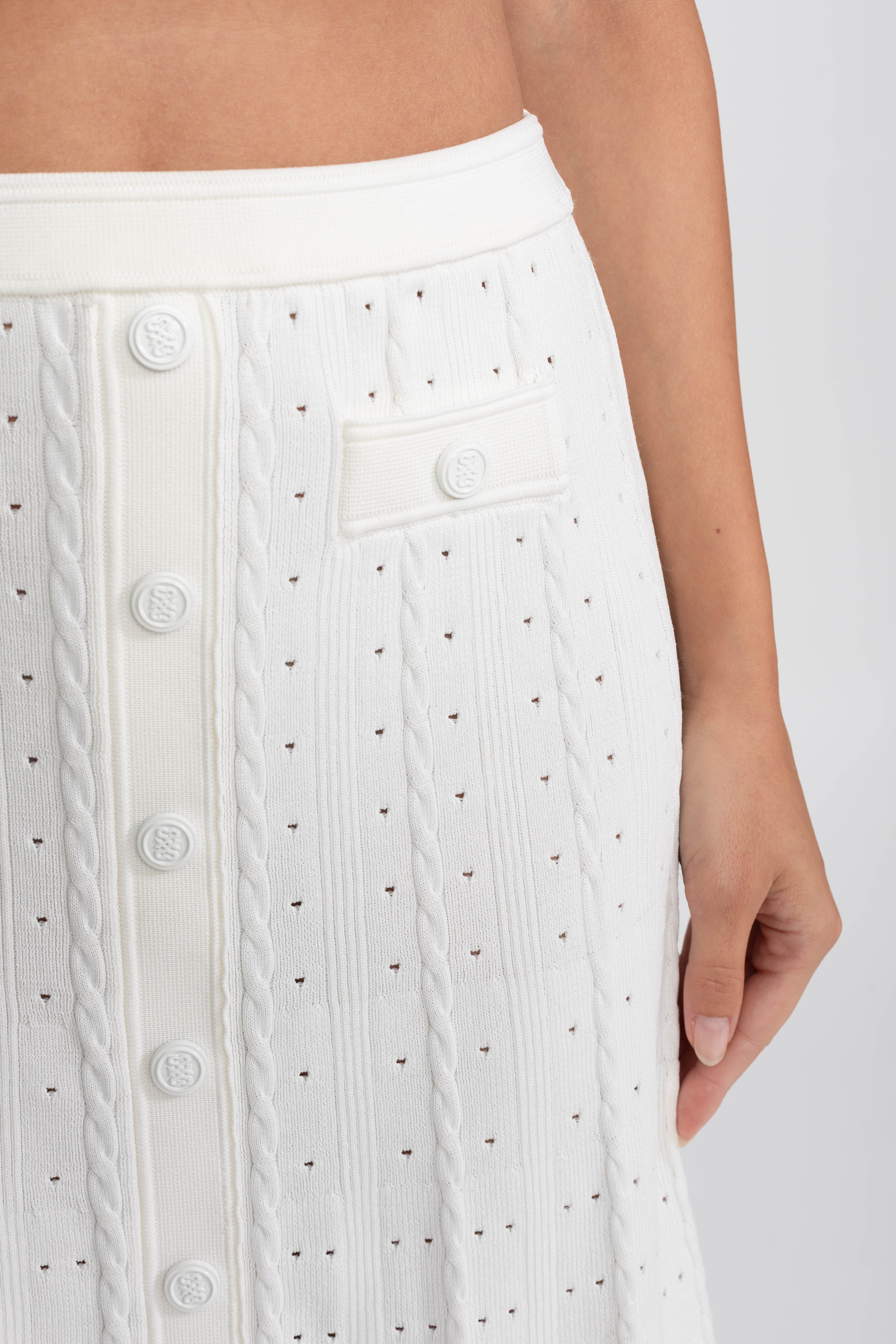 Ribbed Knit Co-Ord Set With Buttoned Front Cardigan And Matching Maxi Skirt - White