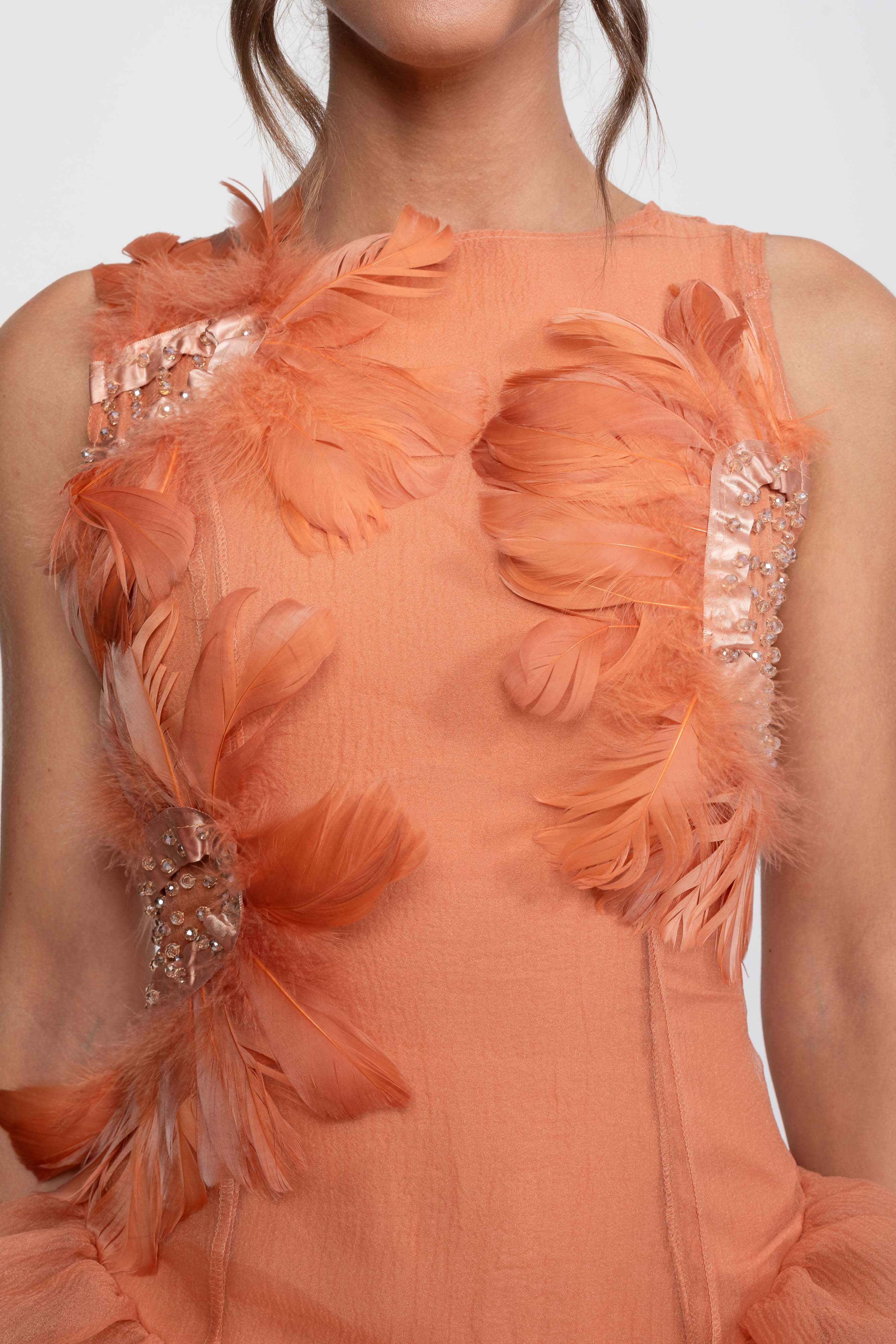 3D-Federapplikations-Peplum-Minikleid mit Kristallperlen - Orange 