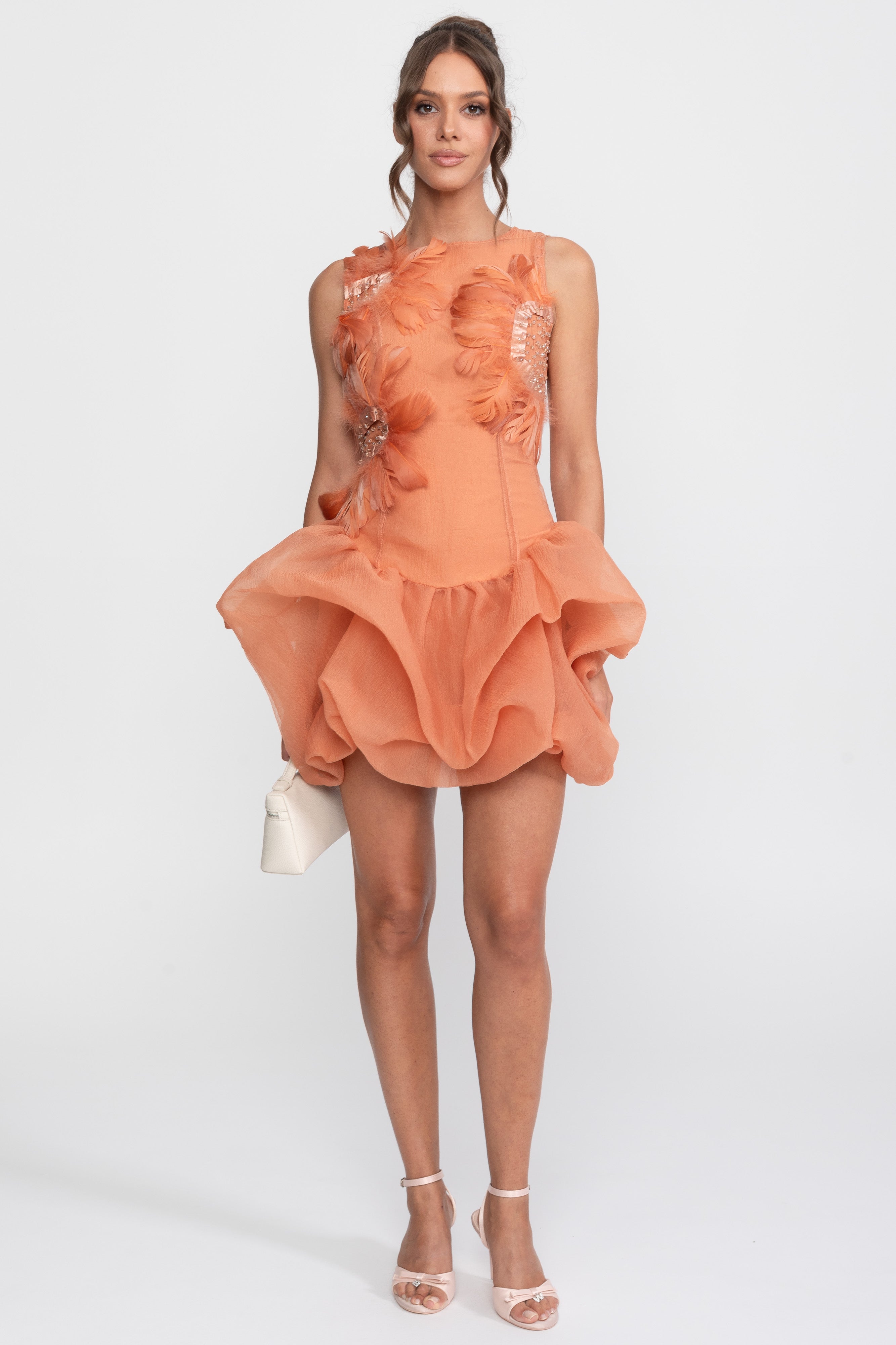 3D-Federapplikations-Peplum-Minikleid mit Kristallperlen - Orange 