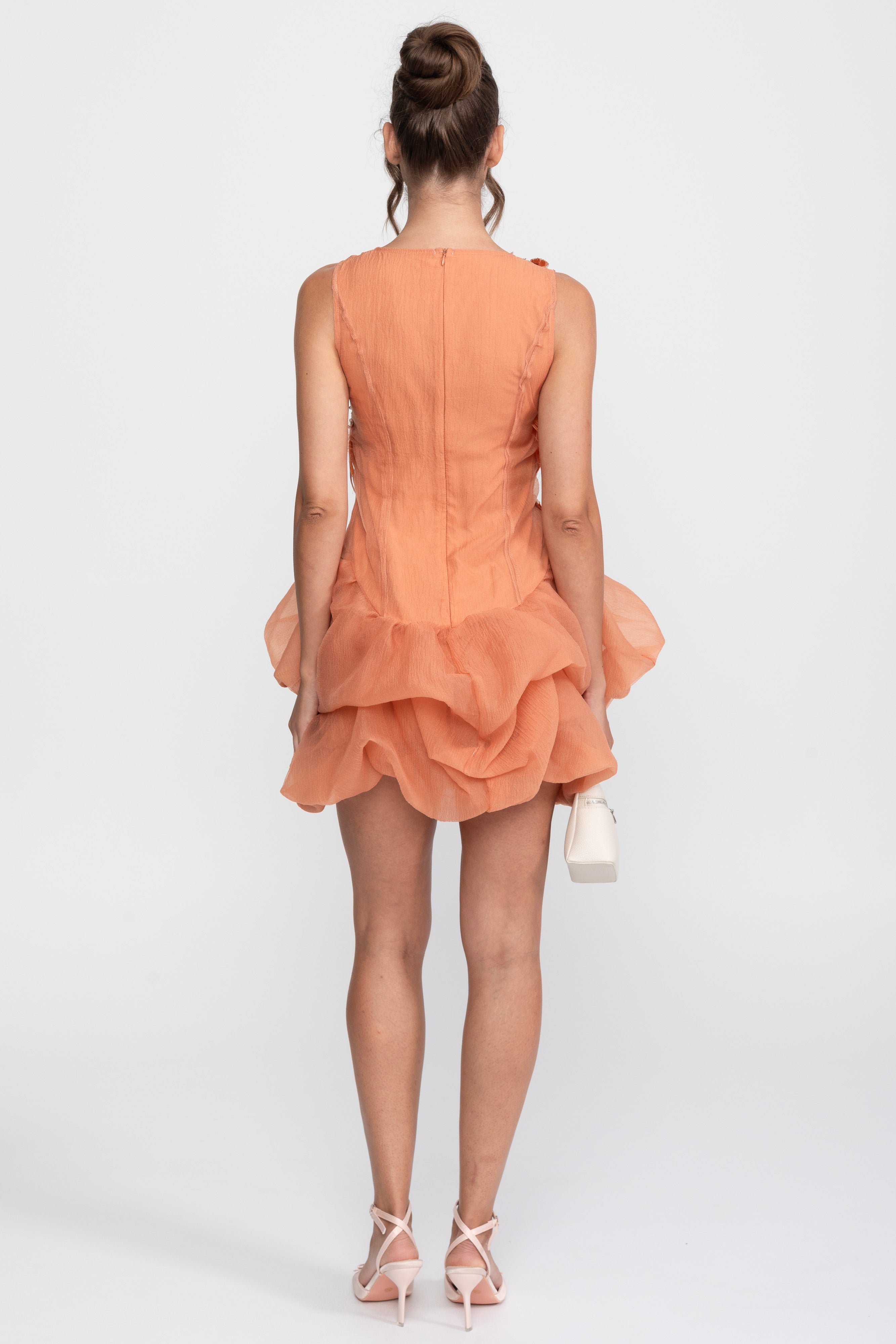 3D-Federapplikations-Peplum-Minikleid mit Kristallperlen - Orange 