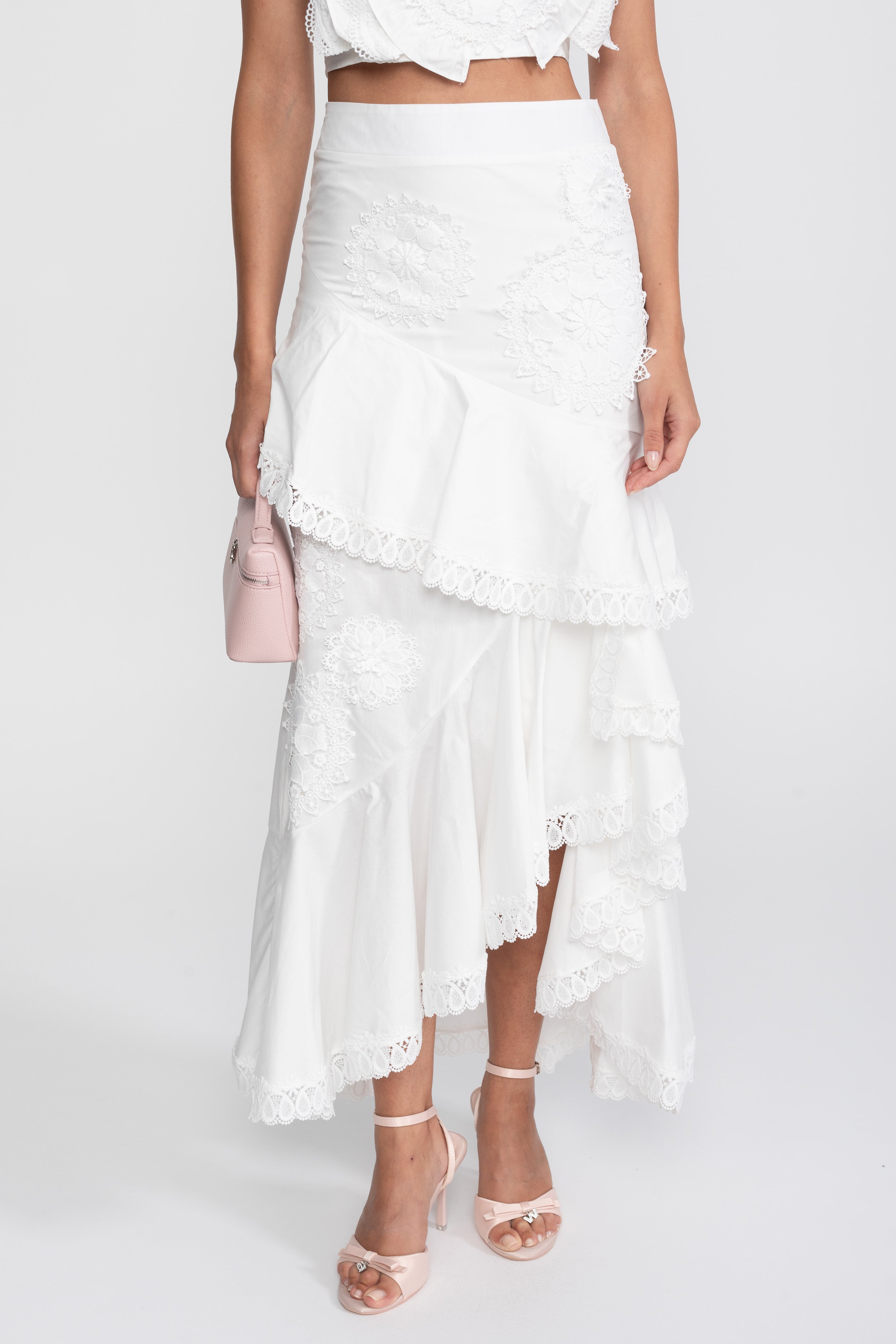Crochet Medallion Two-Piece Set With Ruffled Maxi Skirt - White