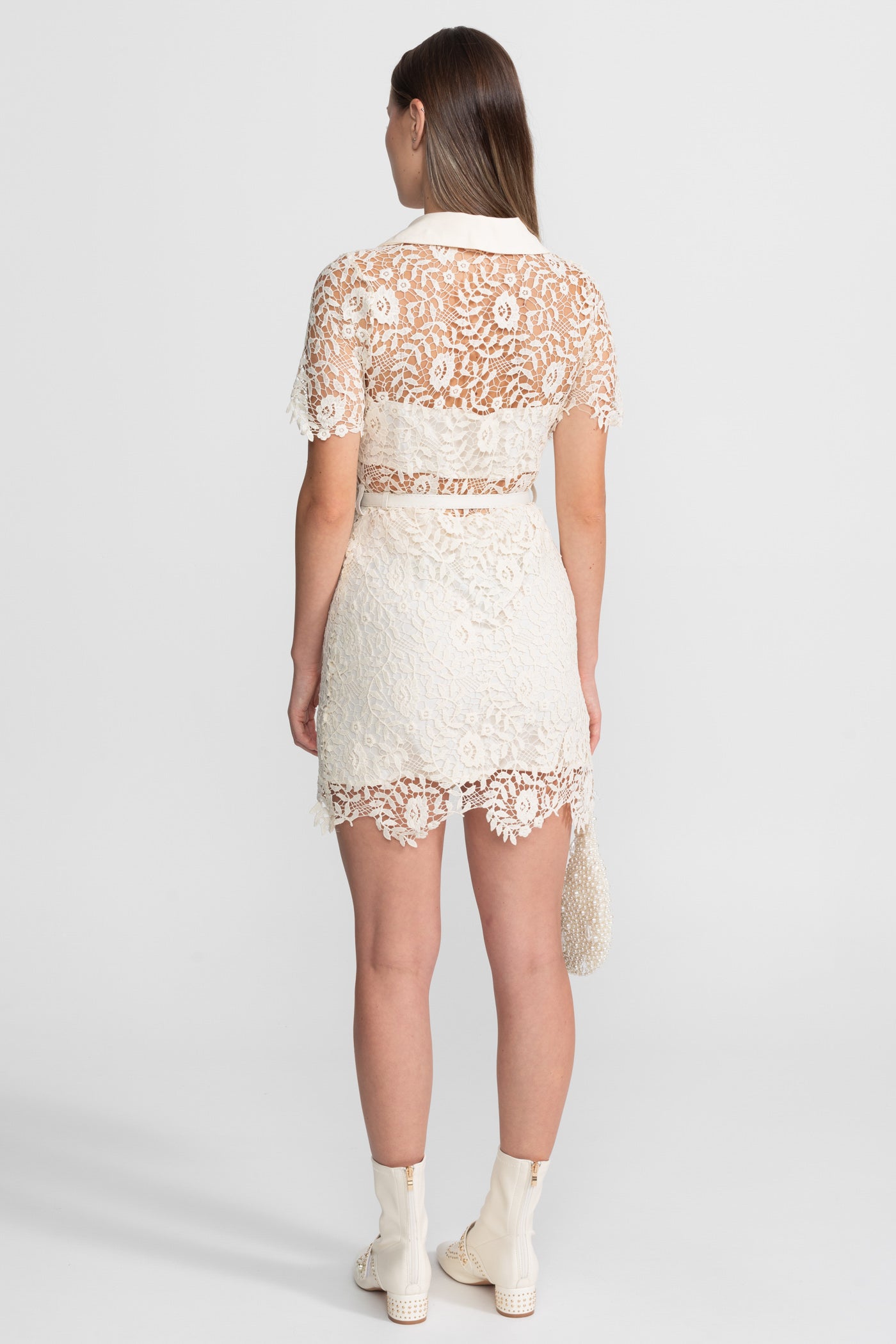 Lace Mini Dress with Contrast Collar and Jewel Buttons - Ivoire