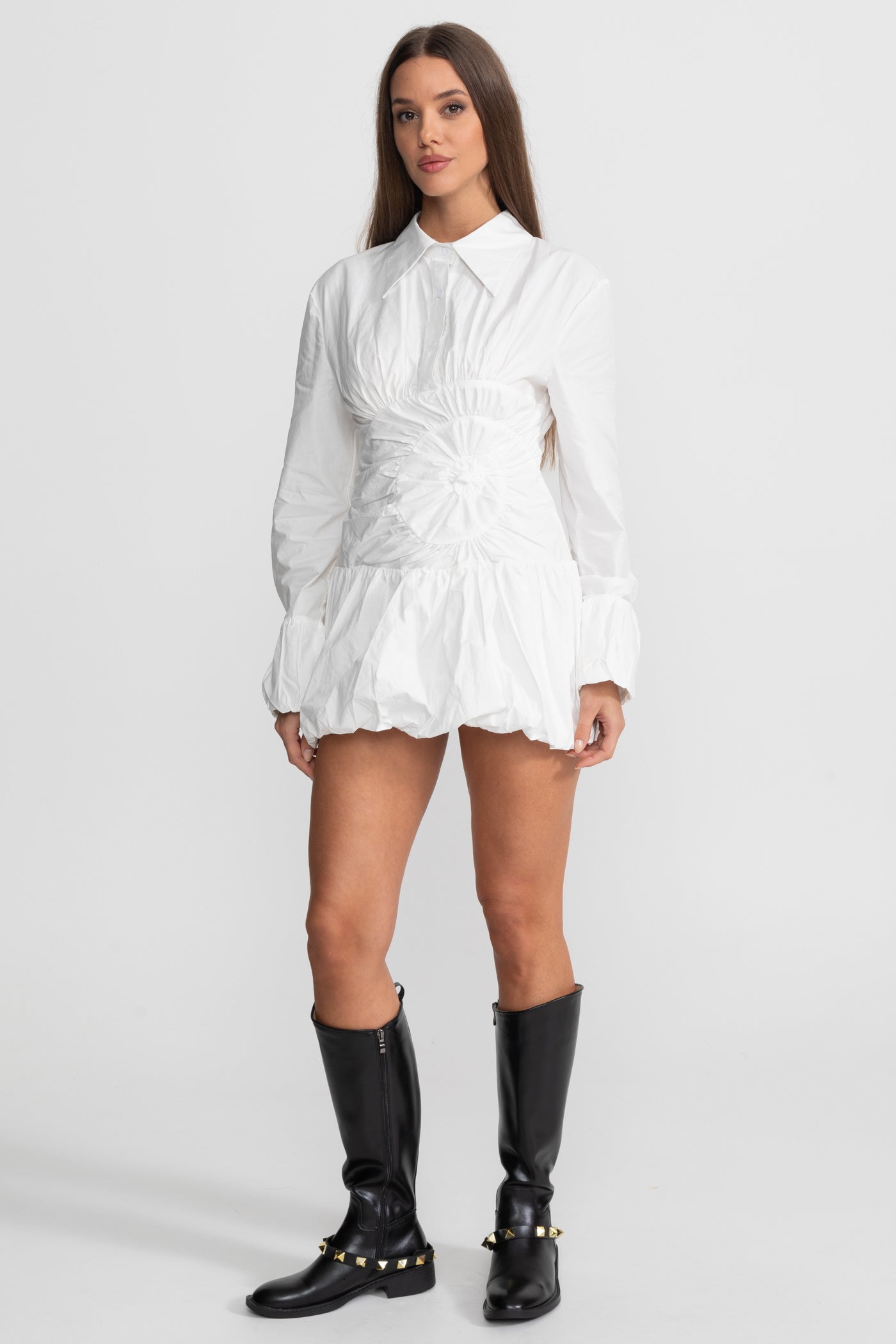 Mini Dress Shirt with Circular Ruched Waist Detail - White