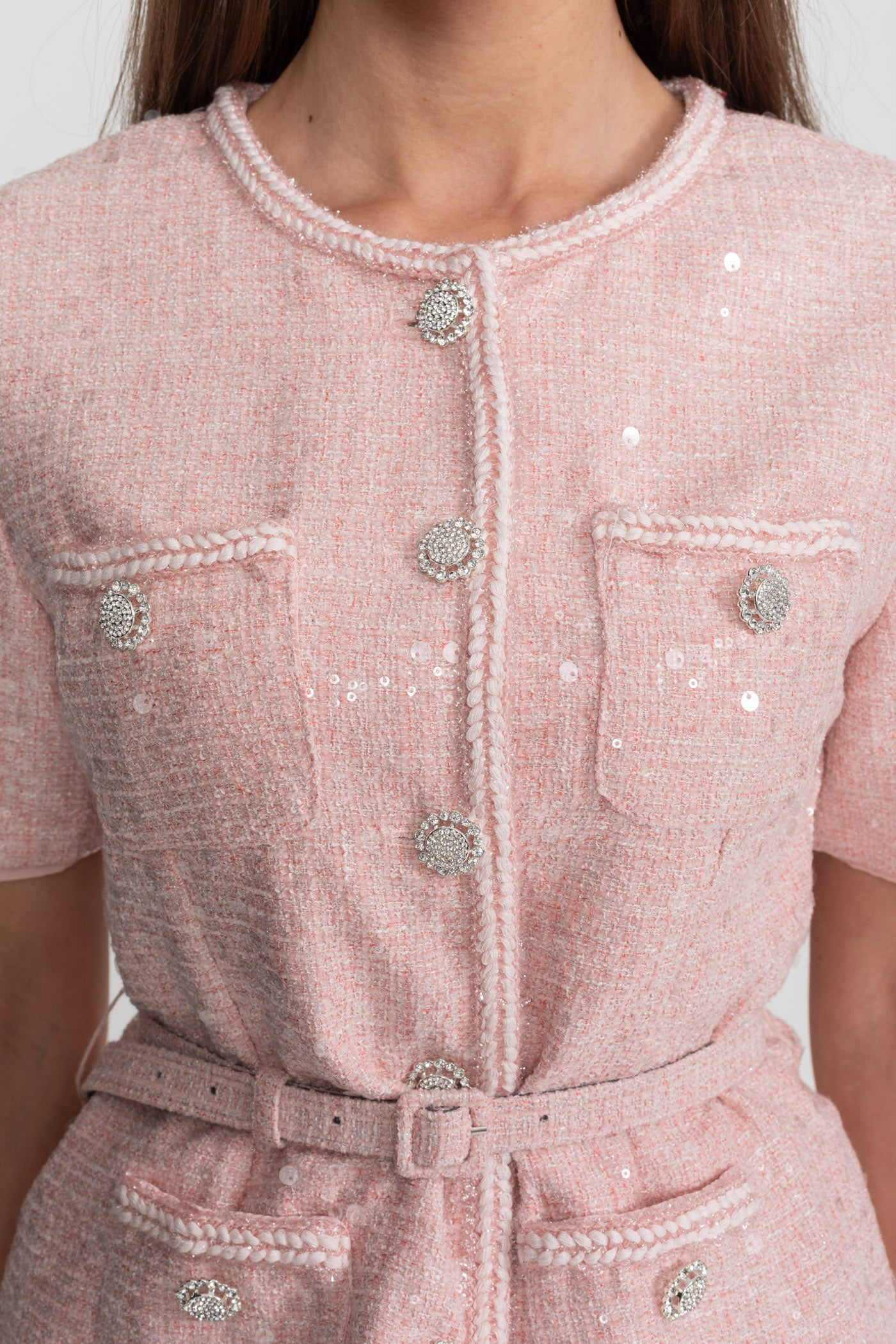 Embellished Tweed Midi Dress with Pleated Chiffon Skirt – Blush Pink