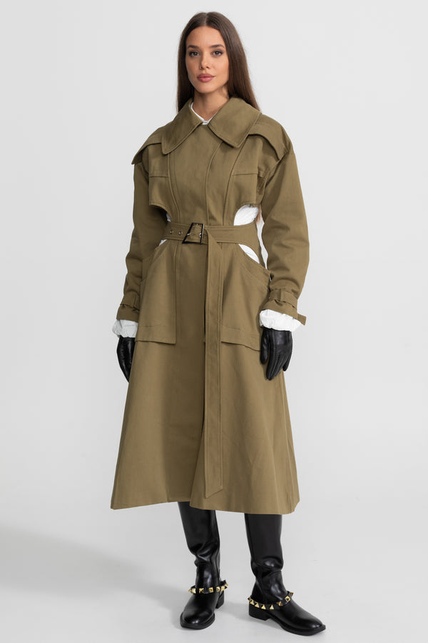 Trenchcoat mit Cutout, tailliertem Gürtel und Utility-Taschen – Khaki 
