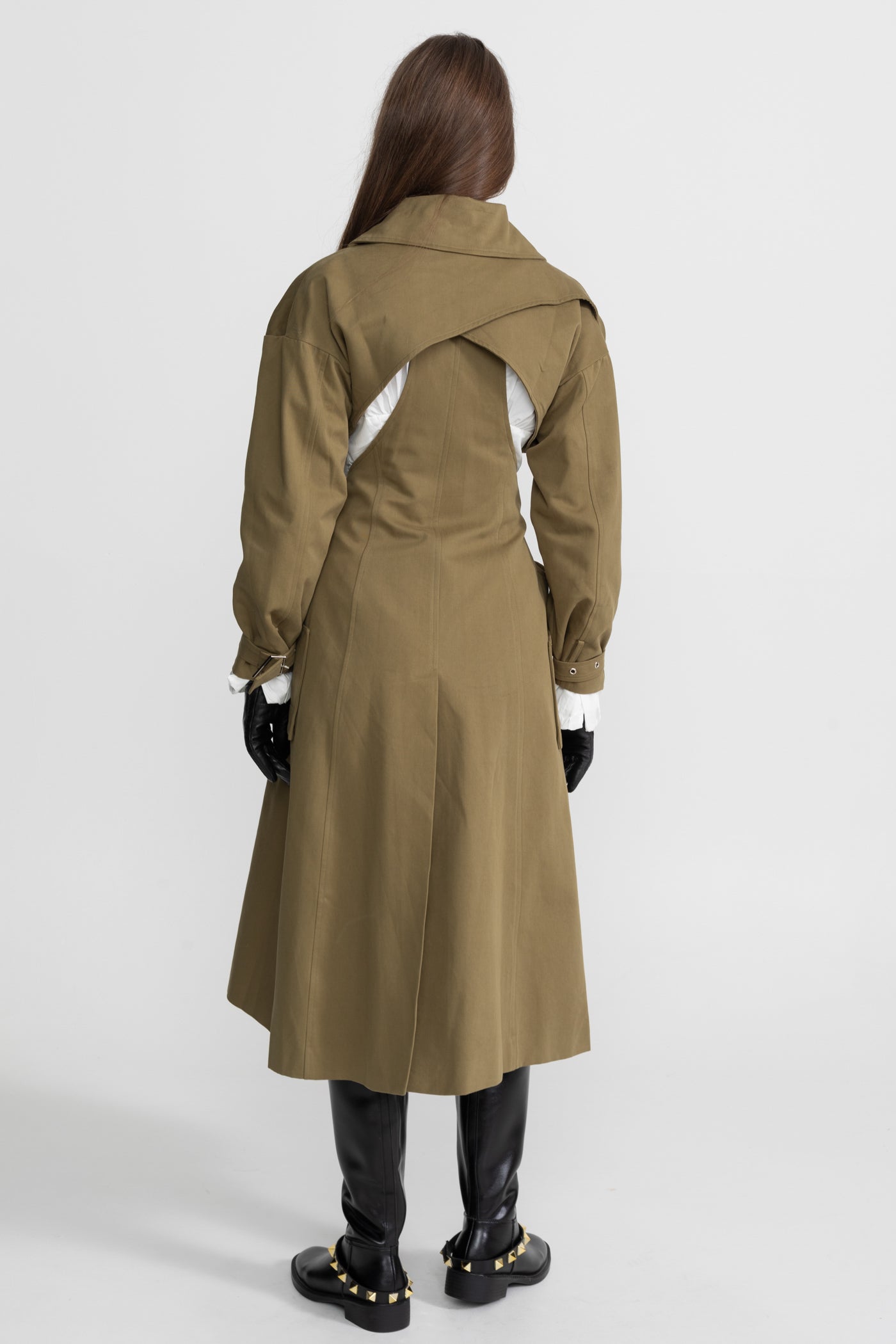 Cutout Trench Coat with Belted Waist and Utility Pockets - Khaki