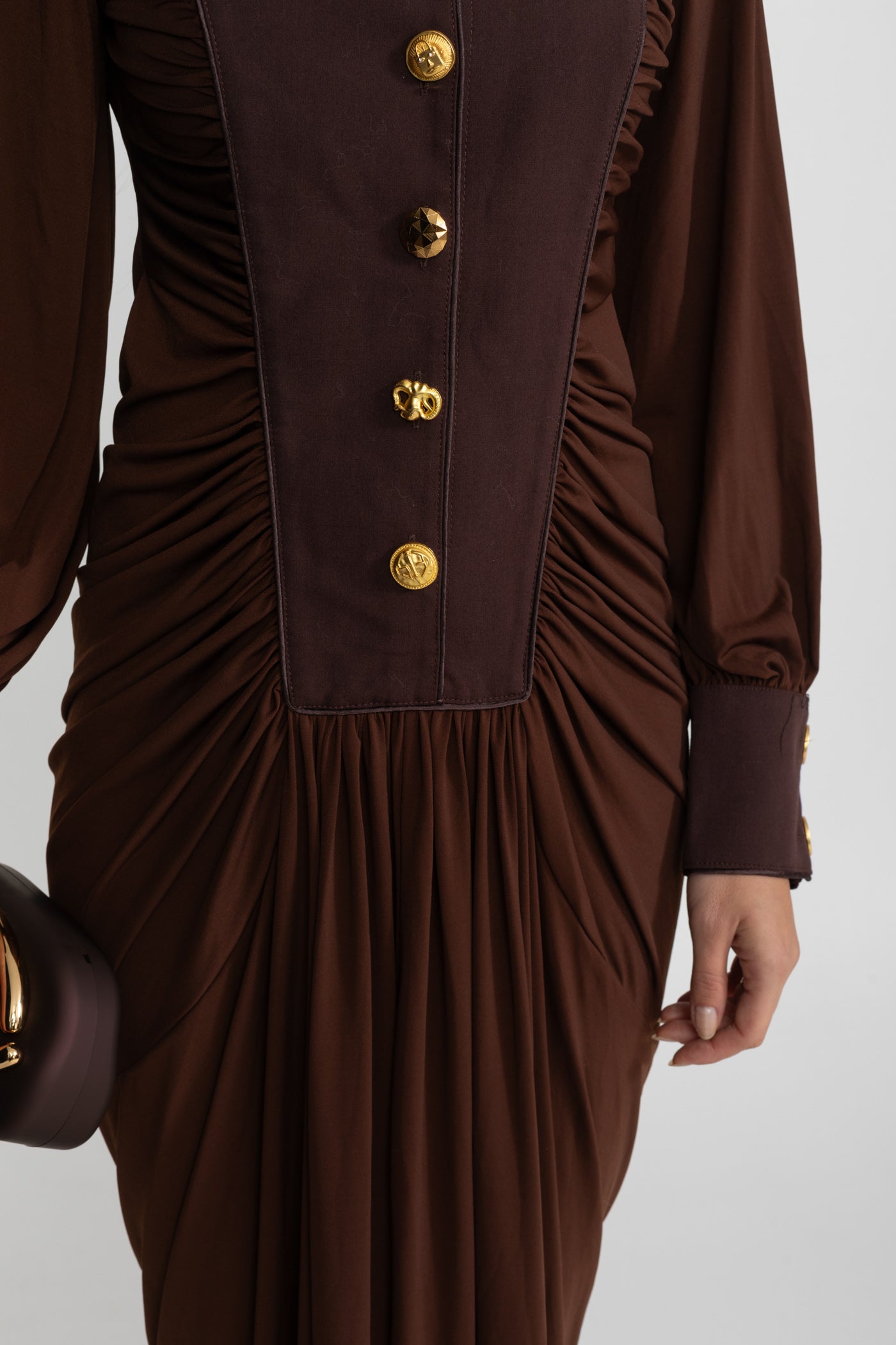 Draped Maxi Dress with Gold Statement Buttons - Brown