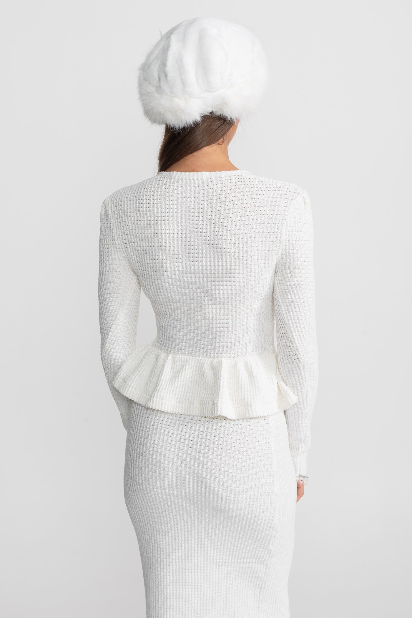 Textured Knit Dress with Peplum Waist and Gold Buttons - White