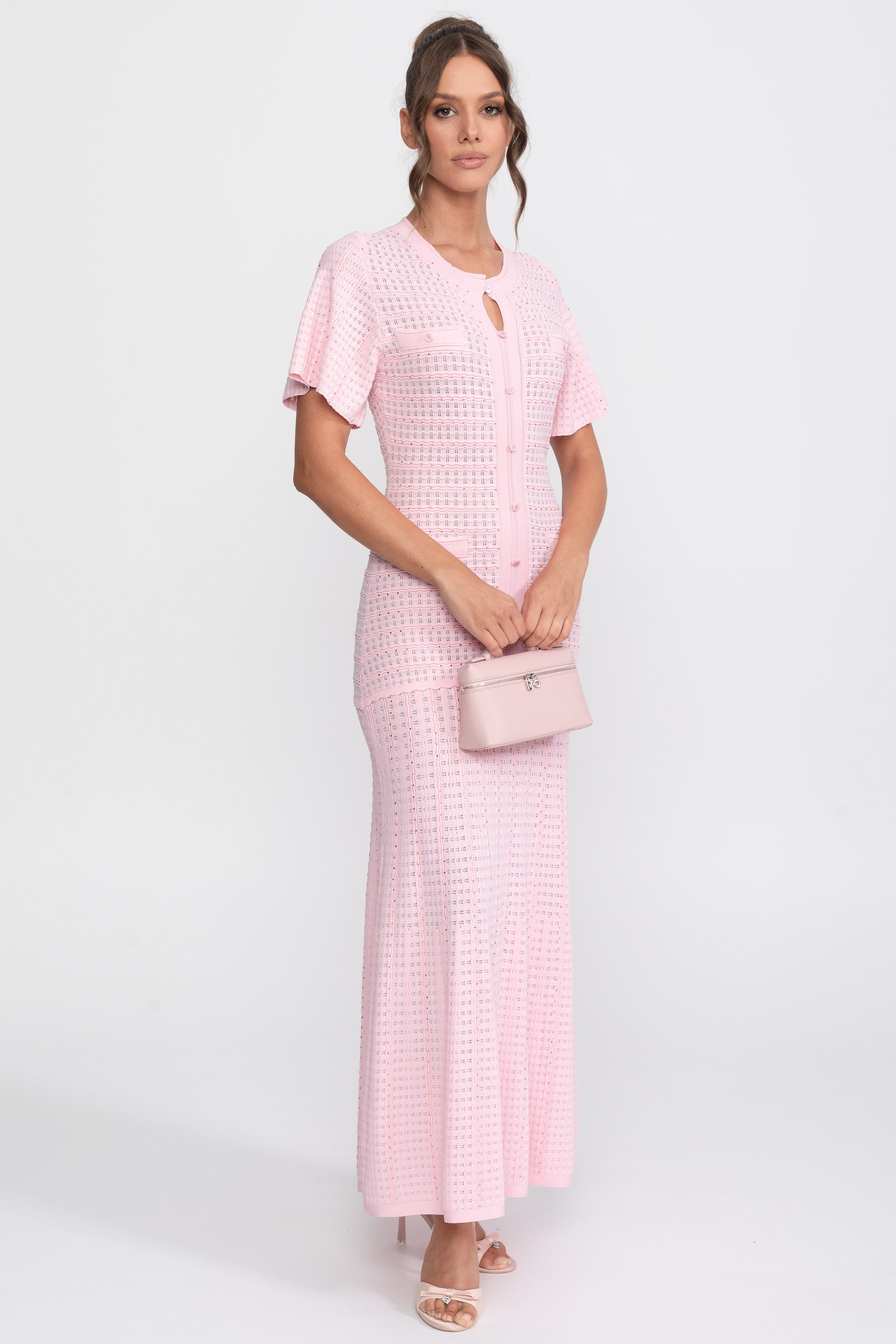 Short Sleeve Midi Dress With Shimmer Knit Texture - Pink