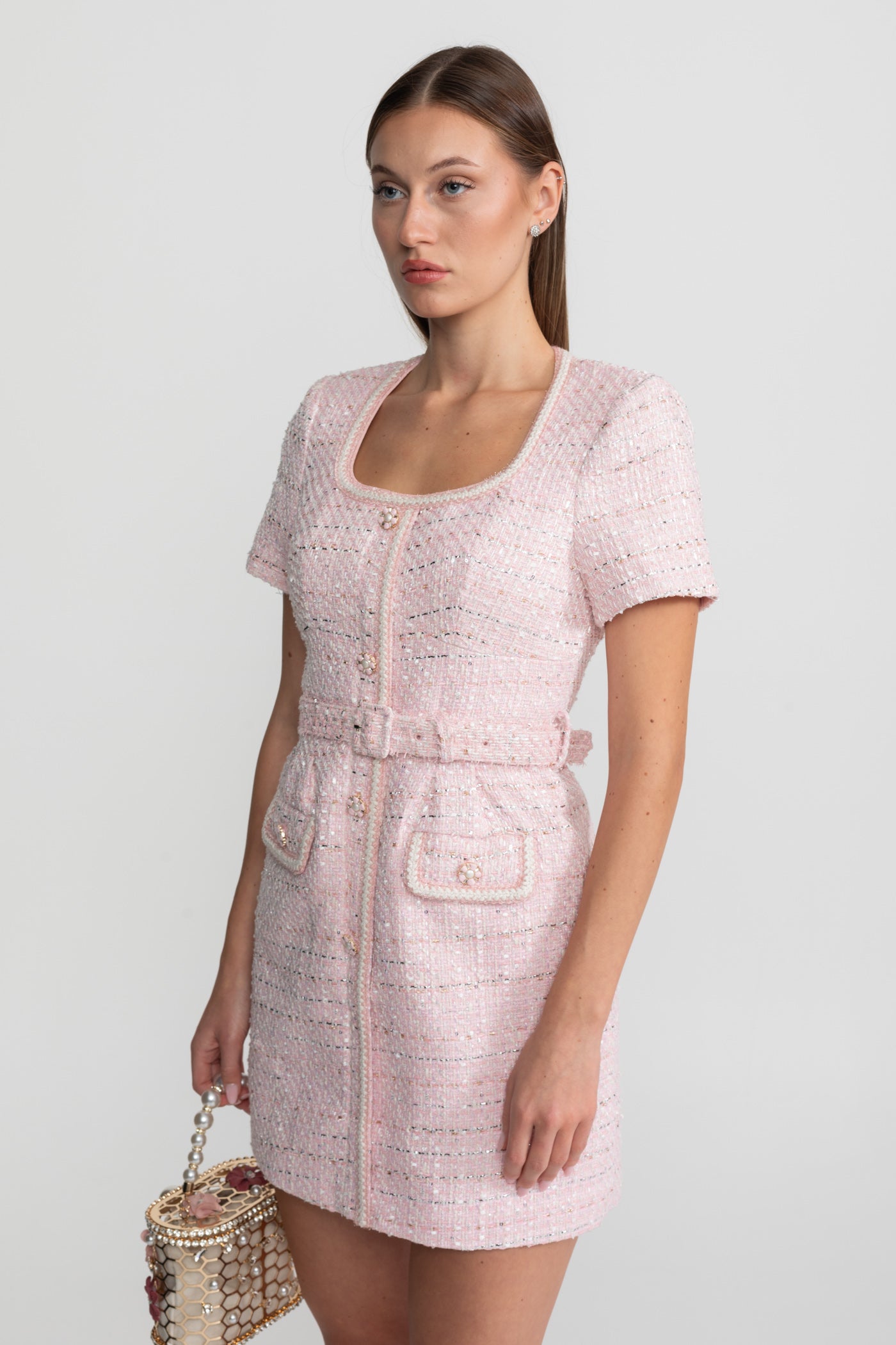 Short Sleeve Tweed Mini Dress With Matching Belt – Blush Pink