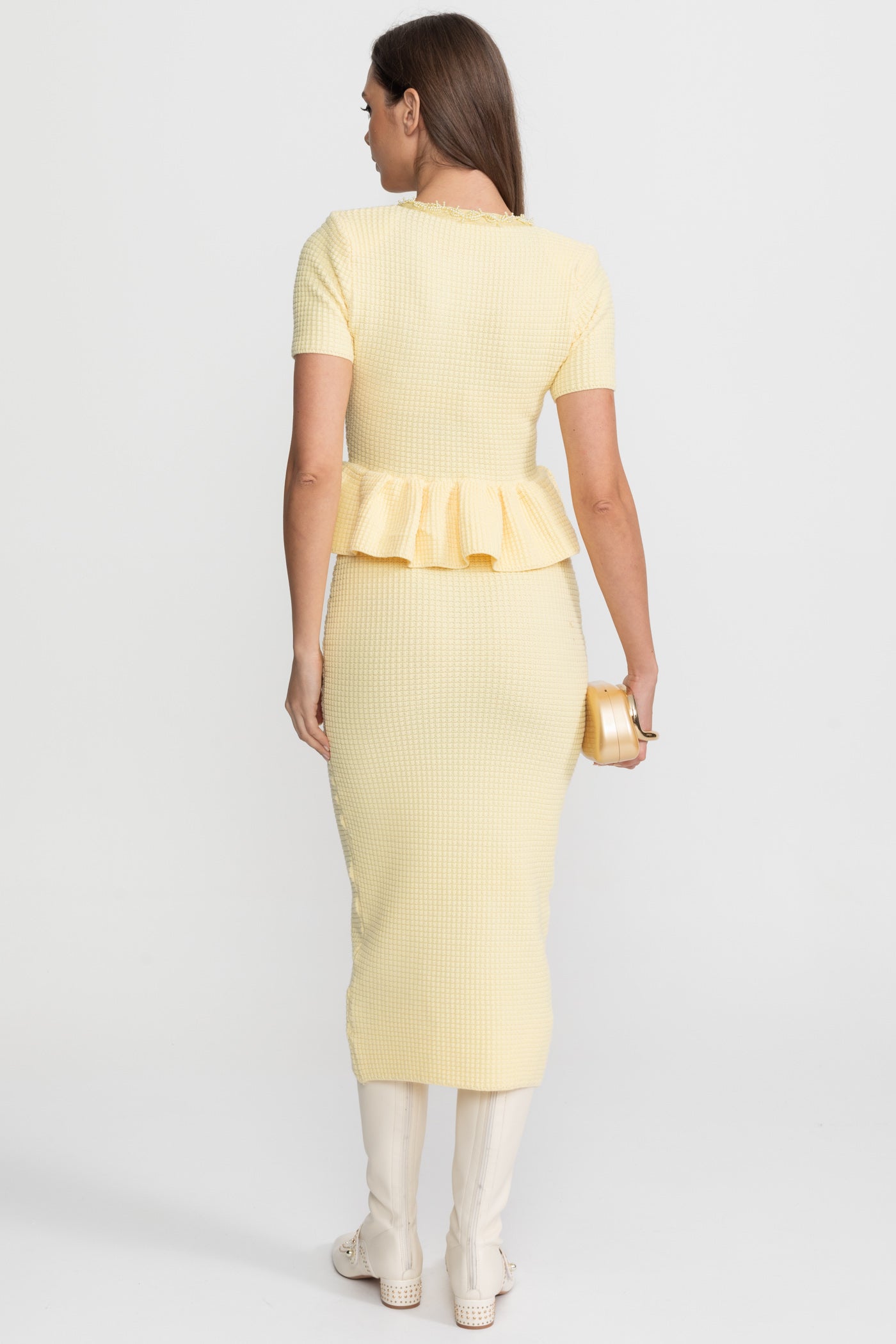 Textured Knit Midi Dress with Peplum Waist Detail – Yellow