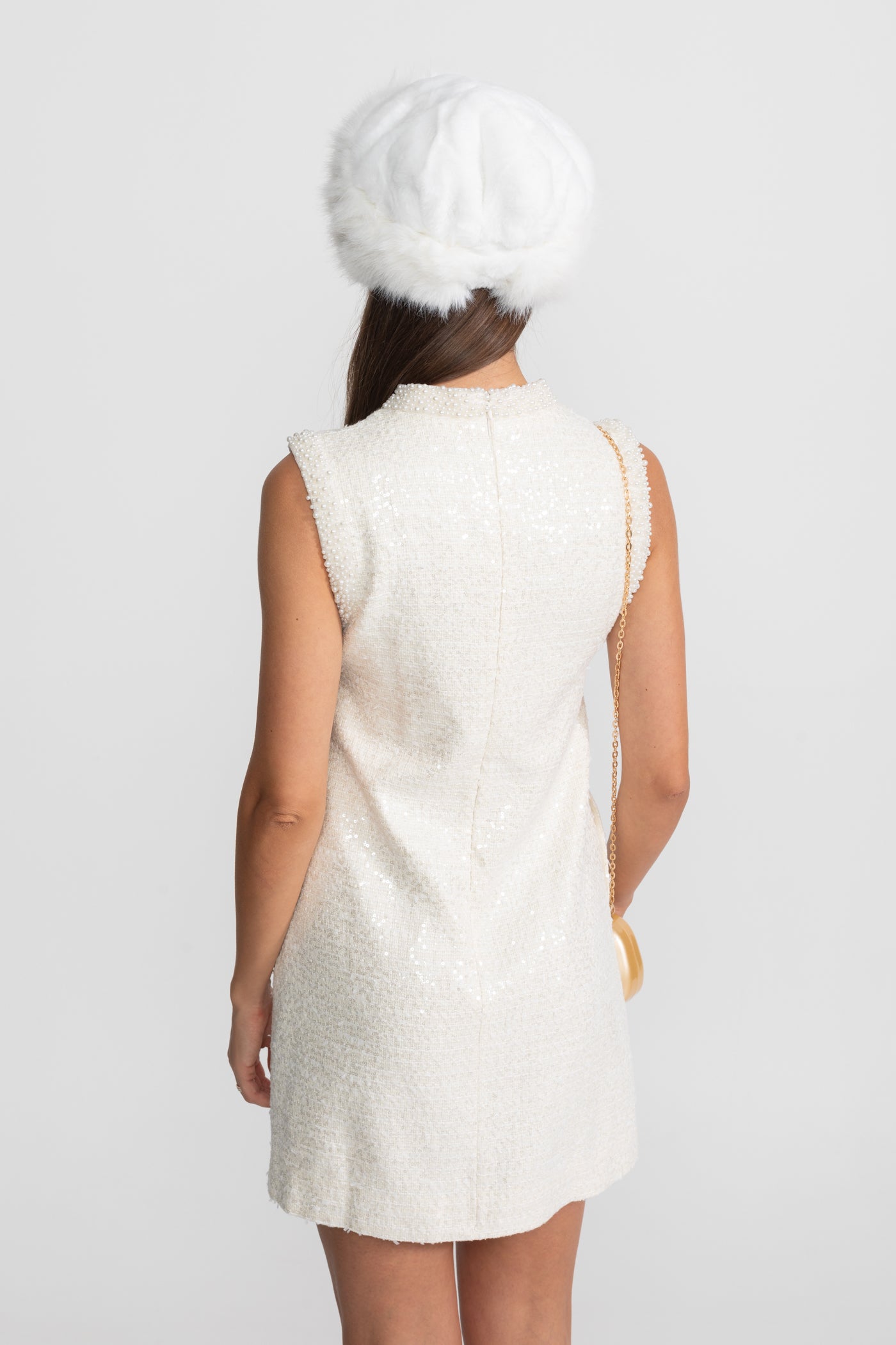 Sequin Tweed Mini Dress with Beaded Collar  – White