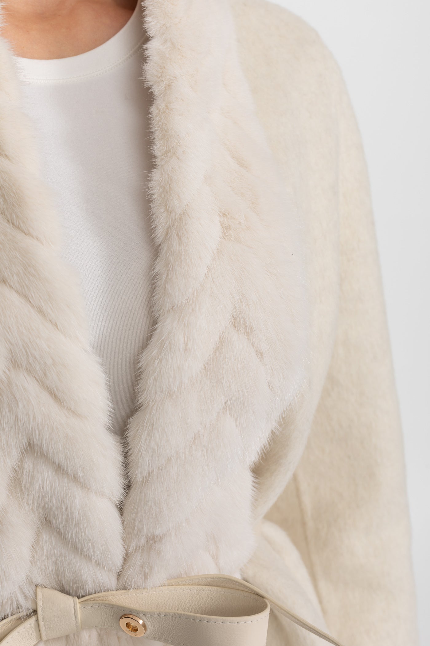 Wool Blend Belted Coat with Textured Sable Fur Panel – Ivoire