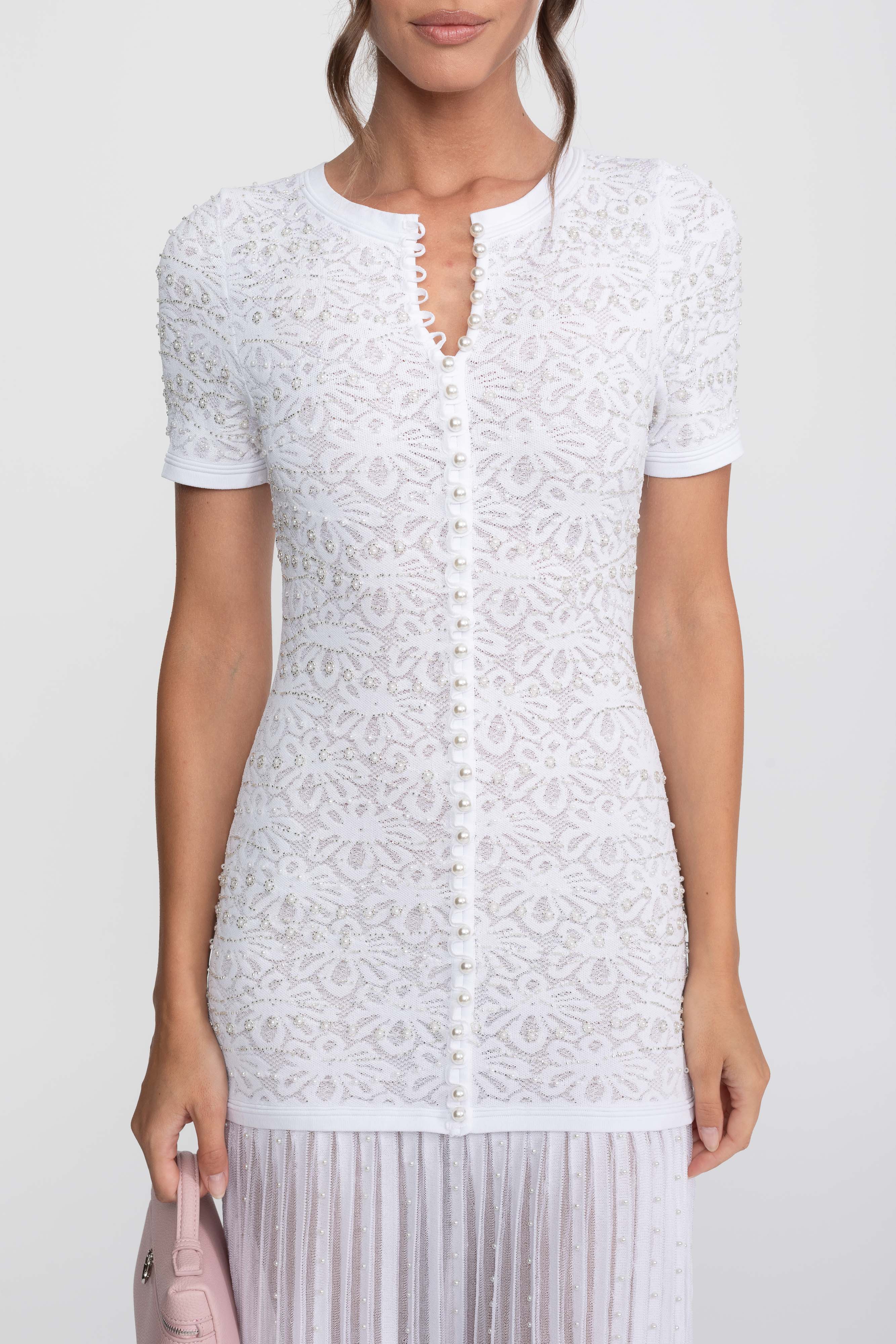 Midi-Kleid mit kurzen Ärmeln und Perlenverzierung - Weiß 