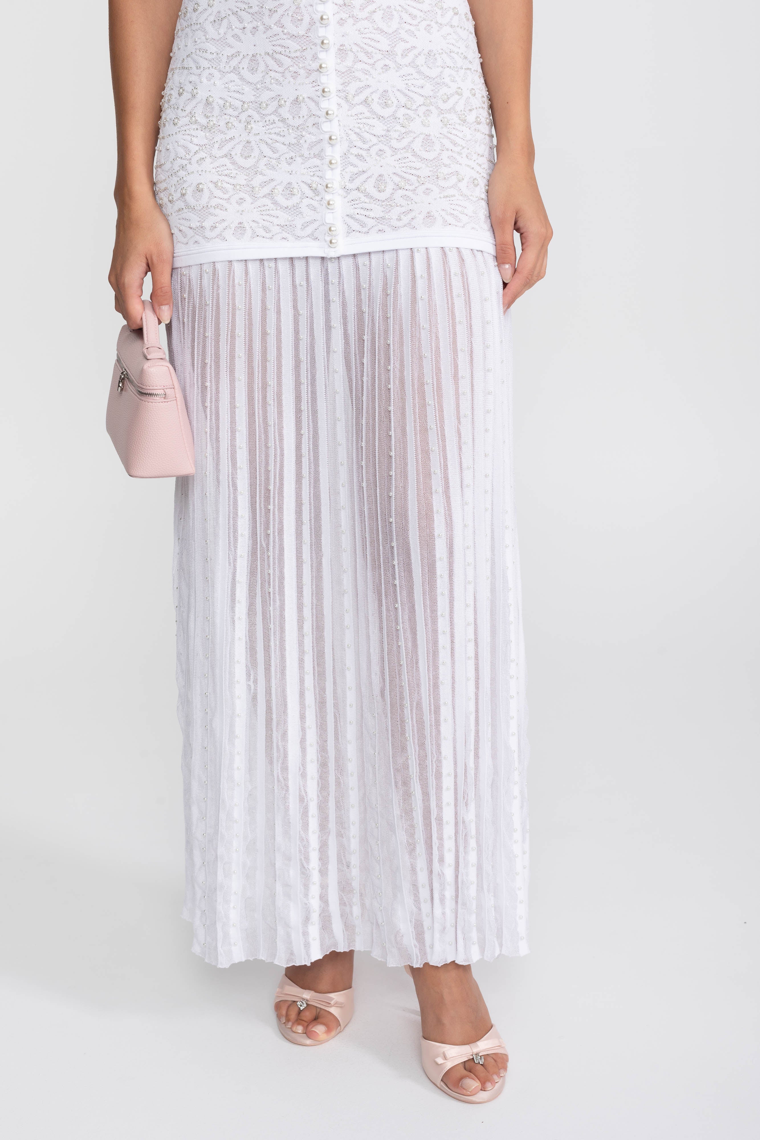 Midi-Kleid mit kurzen Ärmeln und Perlenverzierung - Weiß 