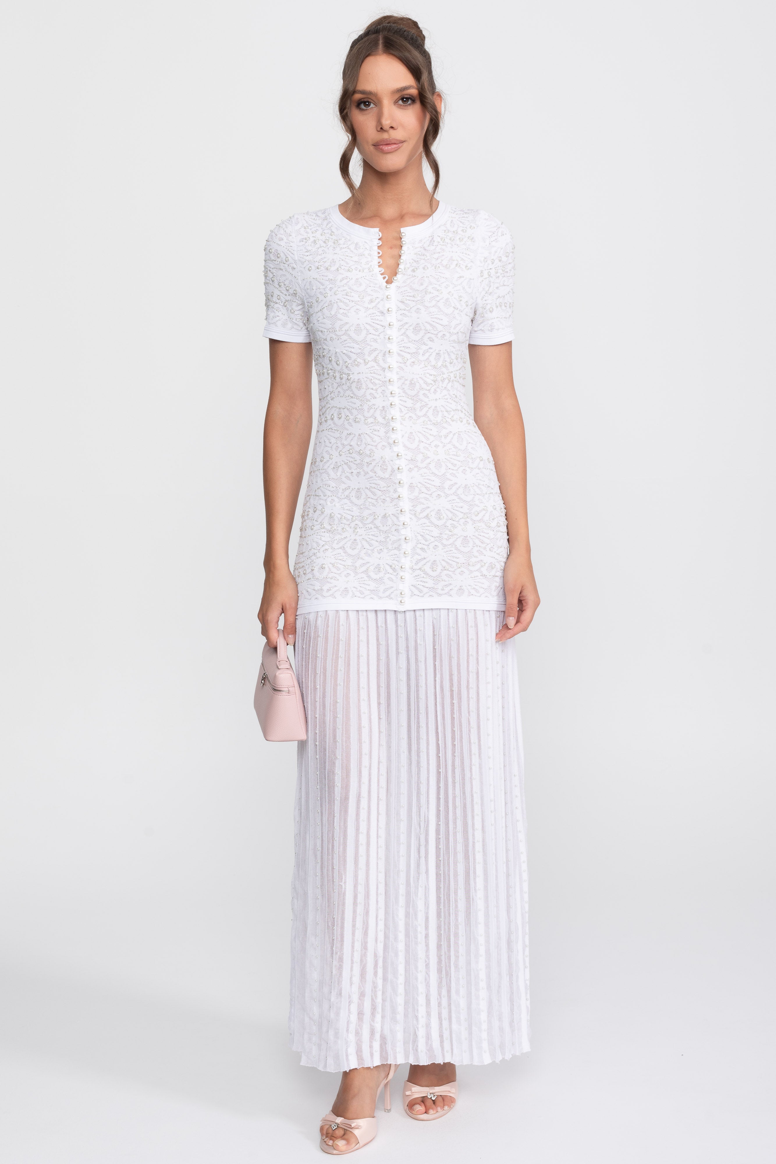 Midi-Kleid mit kurzen Ärmeln und Perlenverzierung - Weiß 