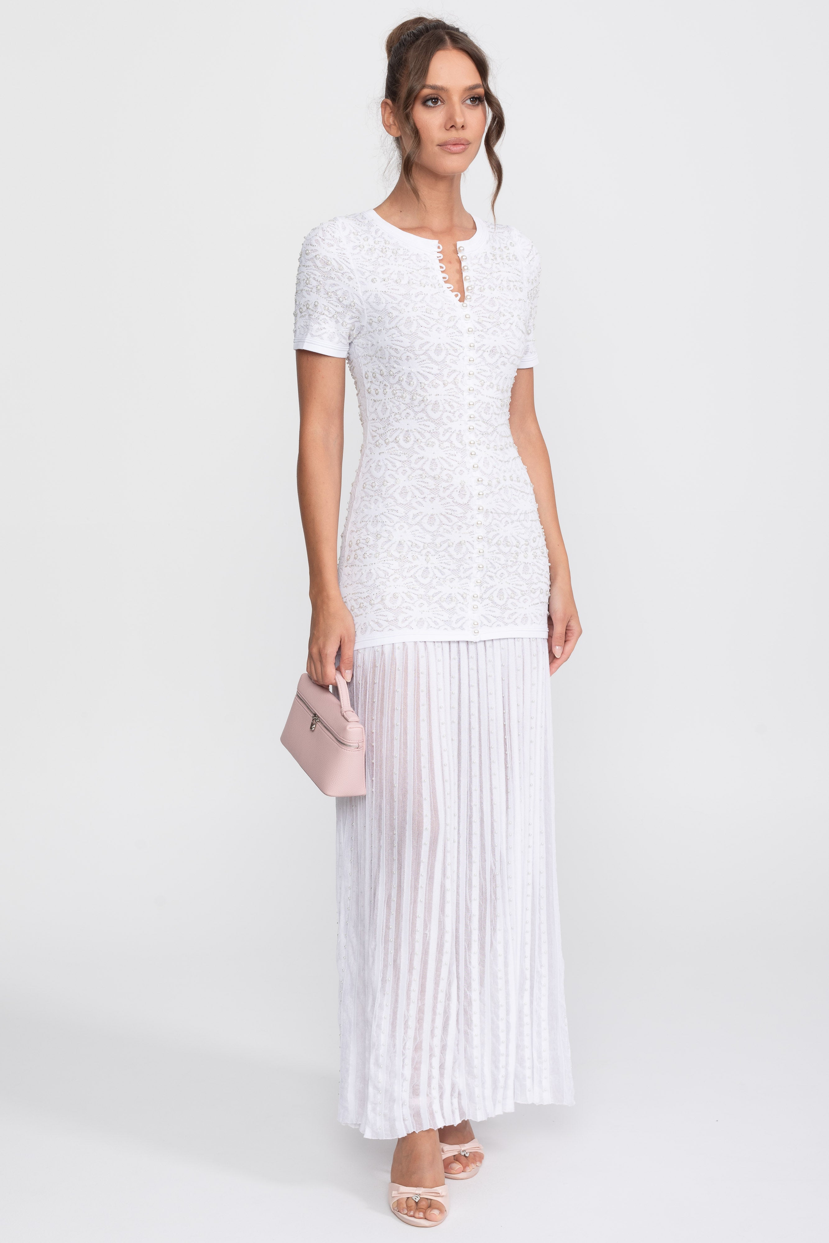 Midi-Kleid mit kurzen Ärmeln und Perlenverzierung - Weiß 