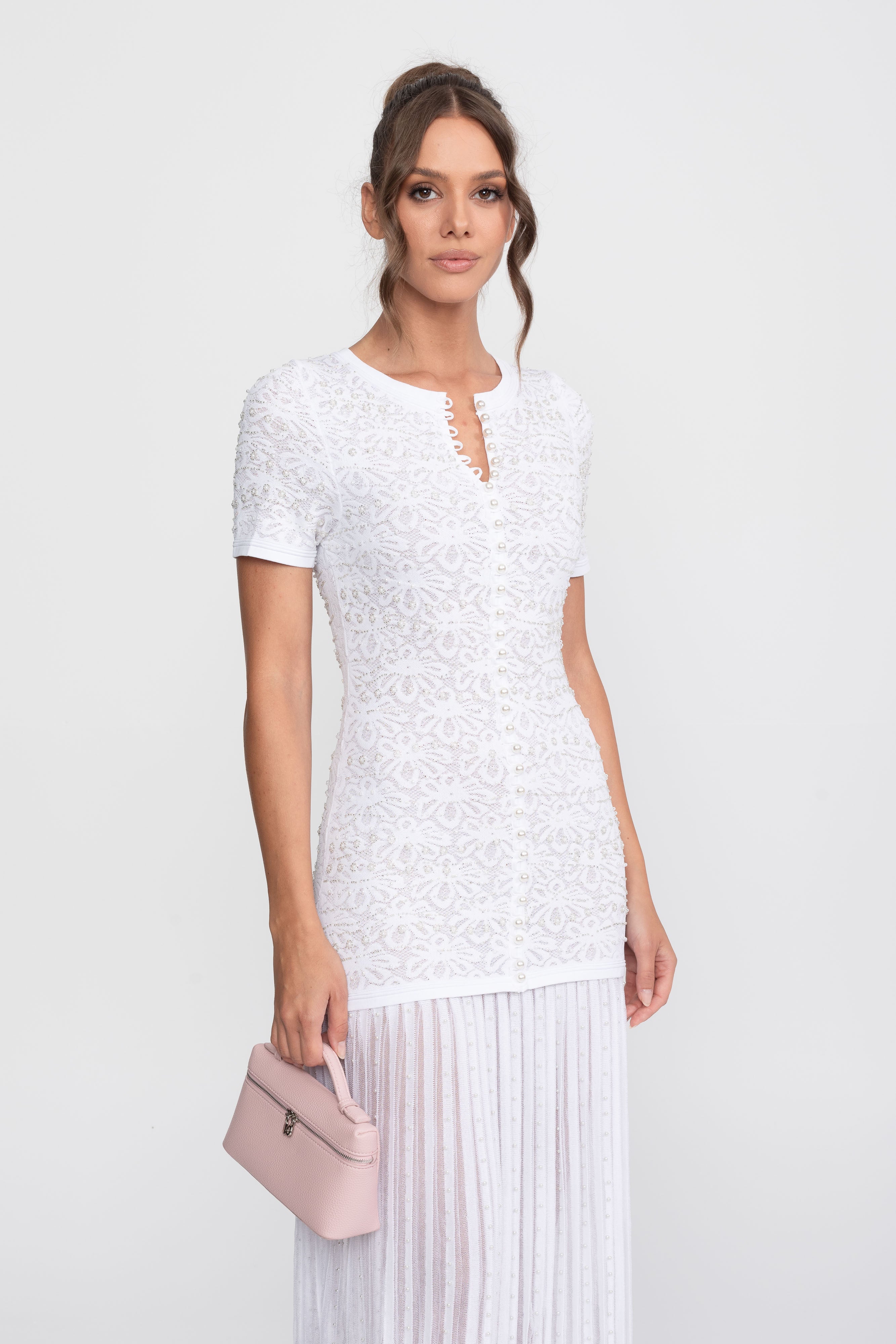 Midi-Kleid mit kurzen Ärmeln und Perlenverzierung - Weiß 