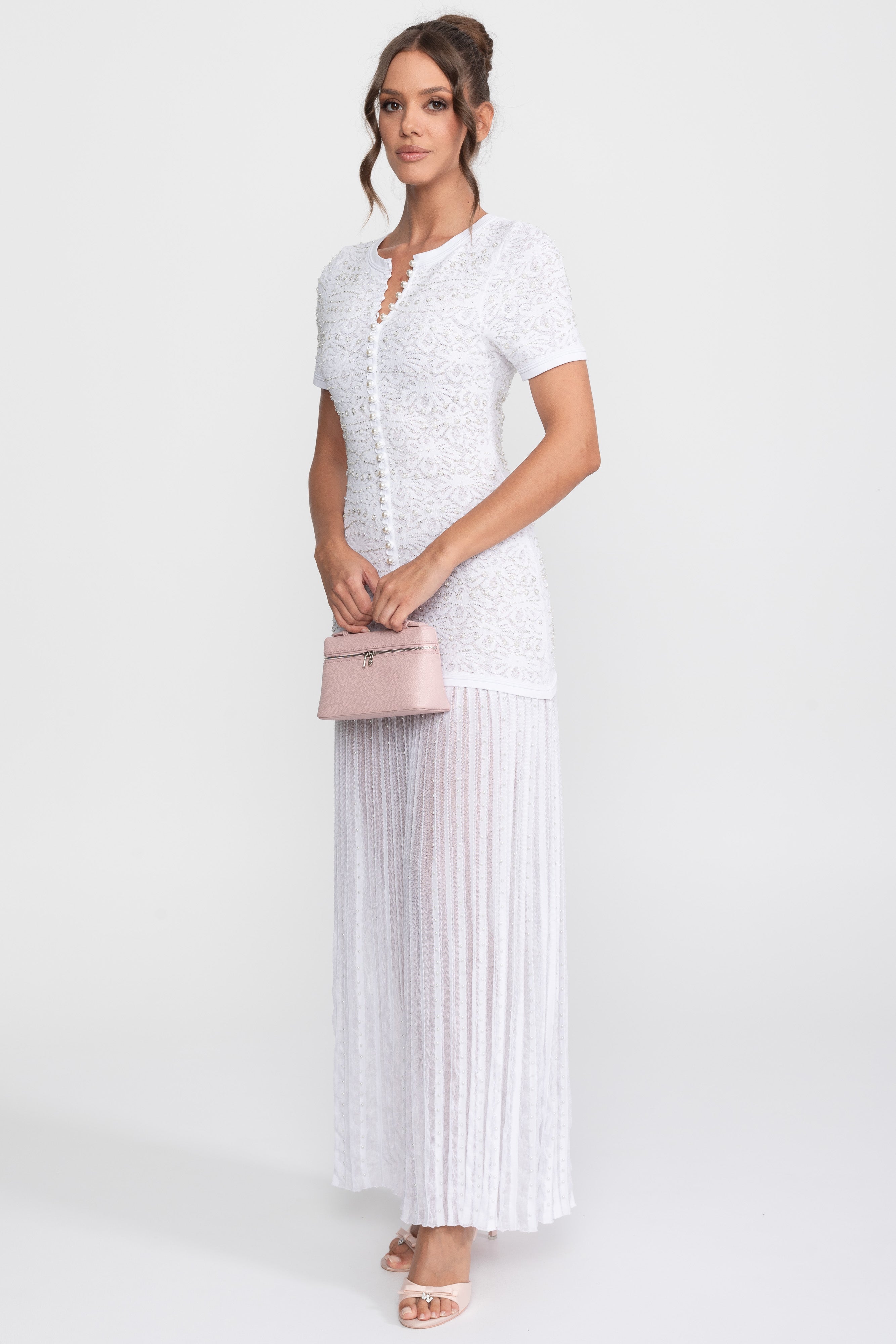 Midi-Kleid mit kurzen Ärmeln und Perlenverzierung - Weiß 