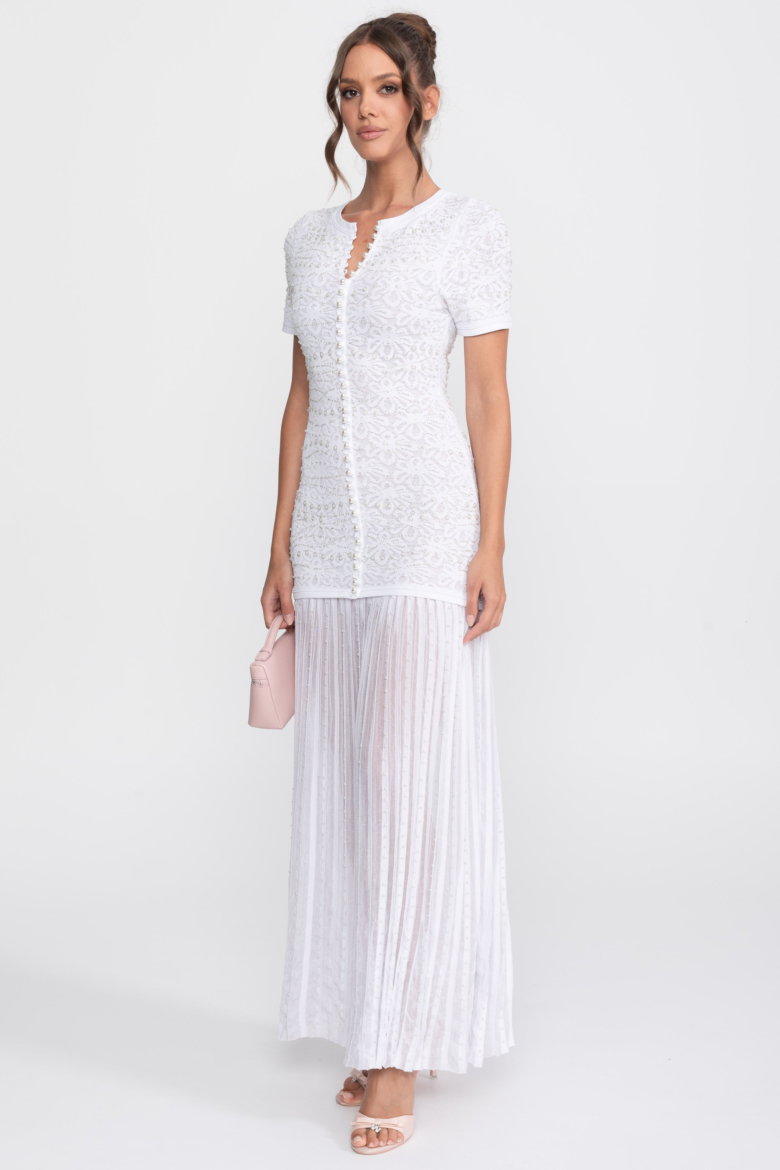 Midi-Kleid mit kurzen Ärmeln und Perlenverzierung - Weiß 