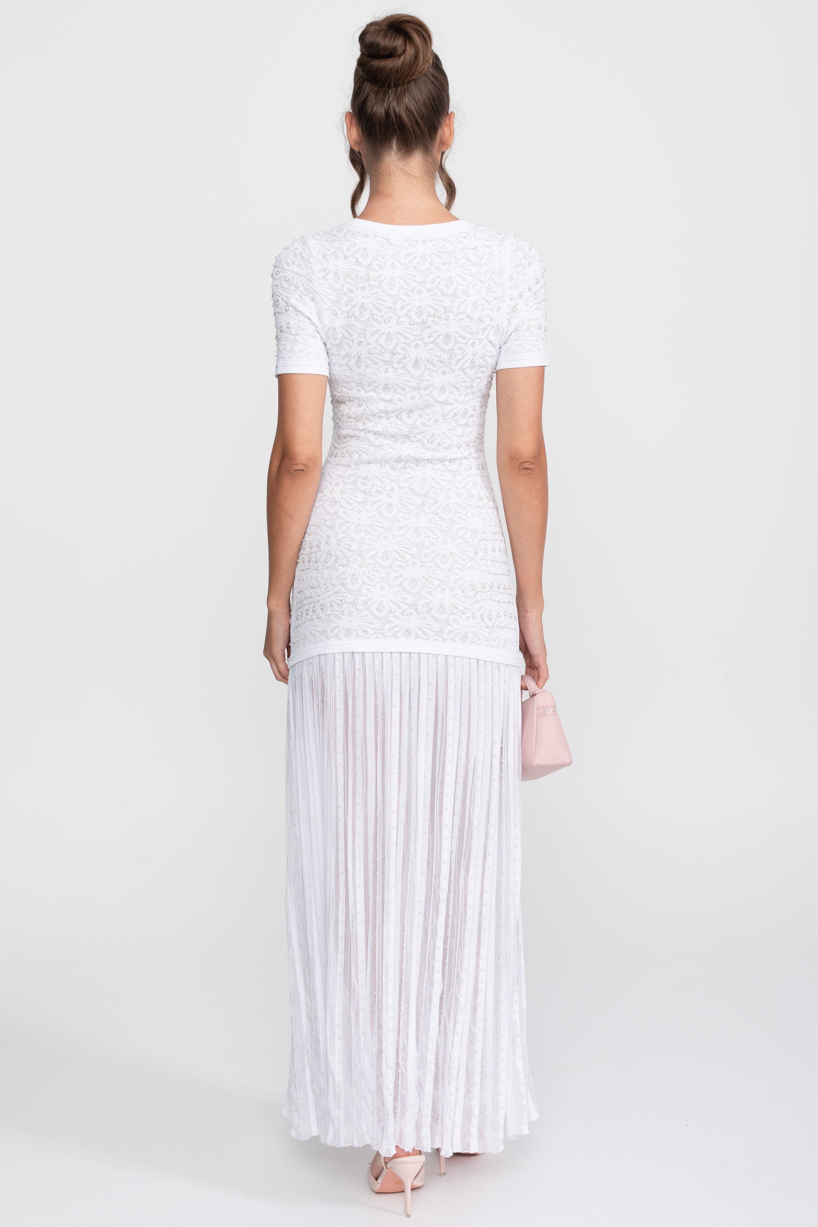 Midi-Kleid mit kurzen Ärmeln und Perlenverzierung - Weiß 