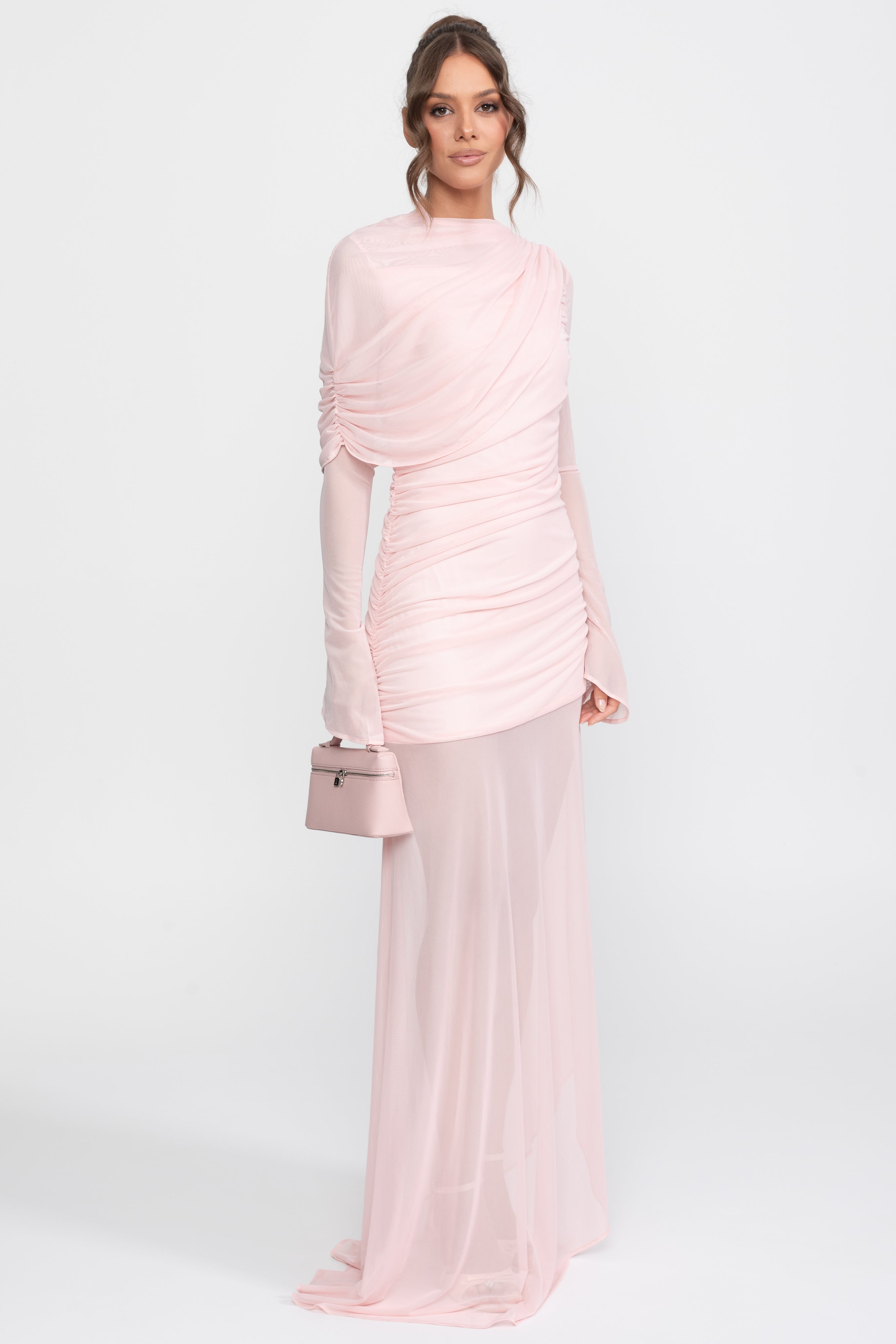 Maxikleid mit drapierten Schultern und transparentem Rock – Pink 