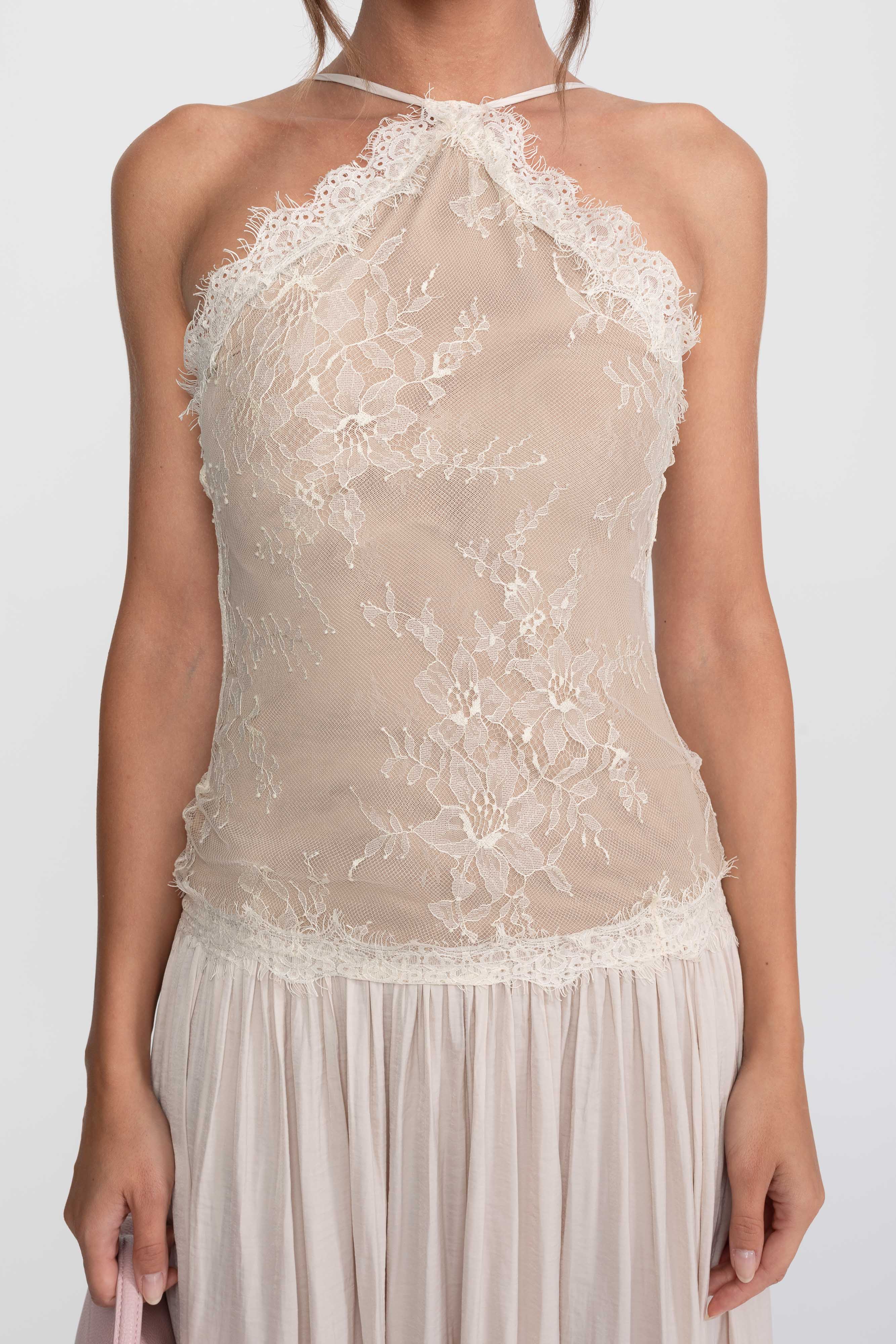 Ärmelloses Maxi-Kleid mit Neckholder und Spitze sowie plissiertem Rock - Cream 