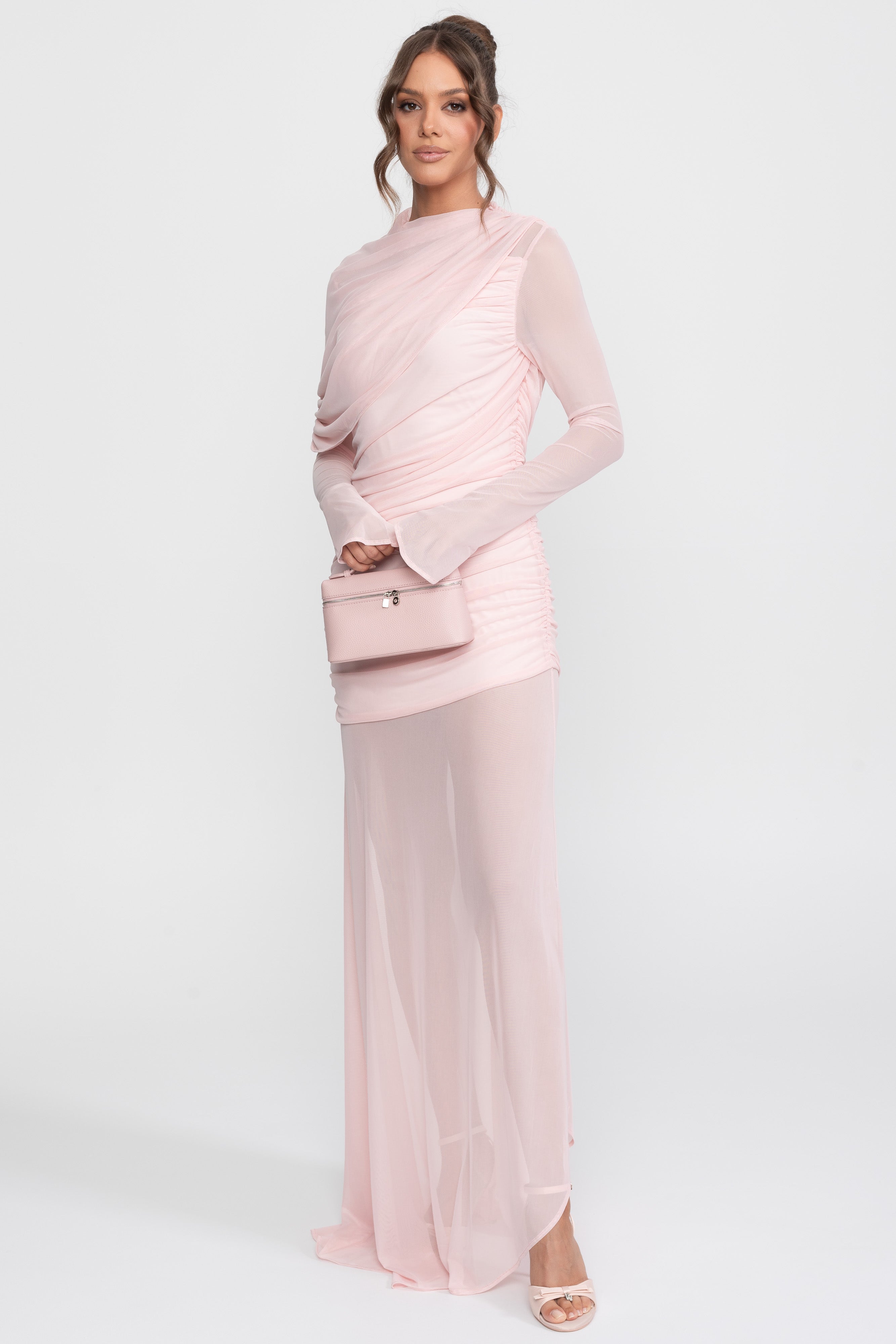 Maxikleid mit drapierten Schultern und transparentem Rock – Pink 