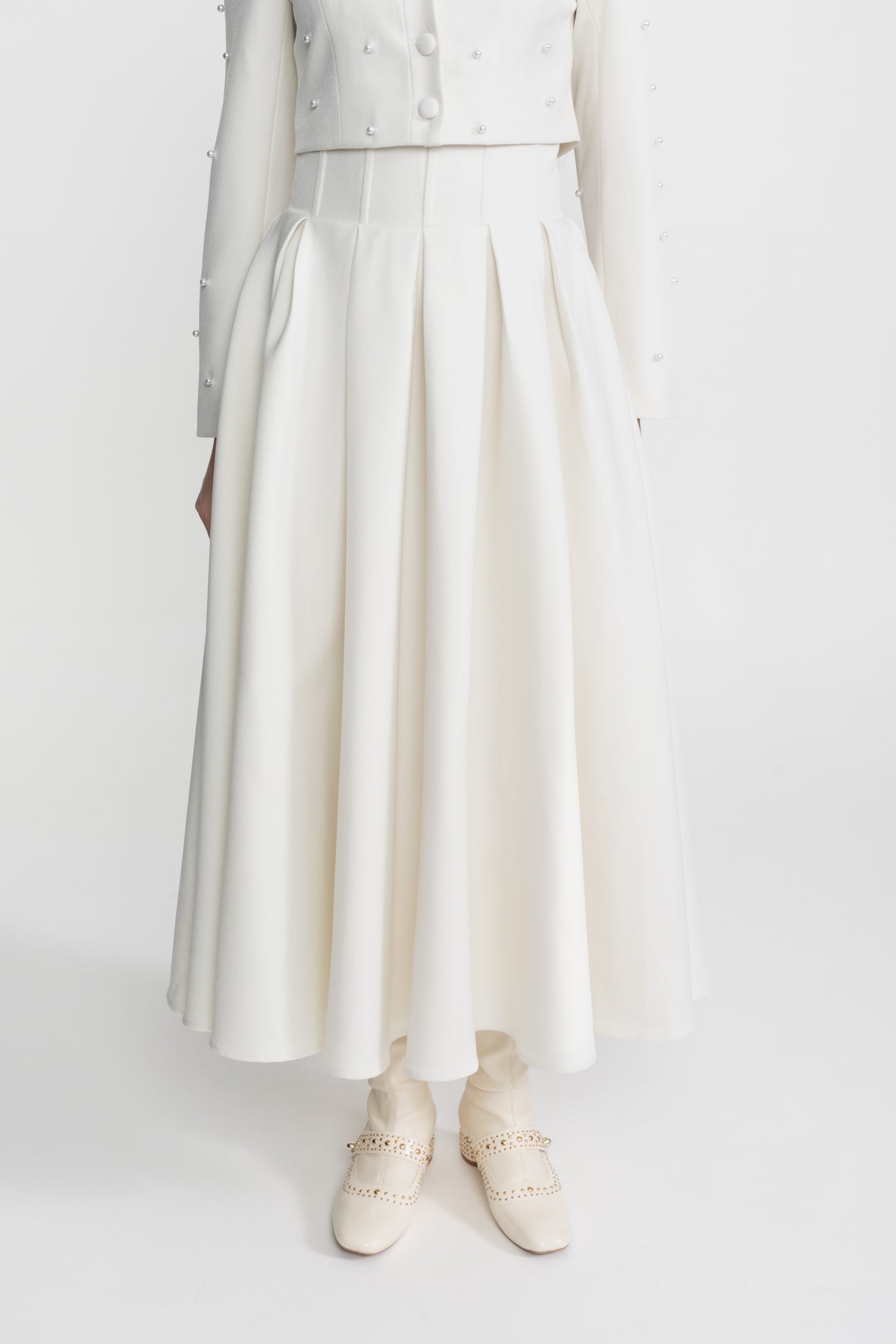 Pearl-Embellished Co-Ord Set with Cropped Jacket and Full Skirt – White