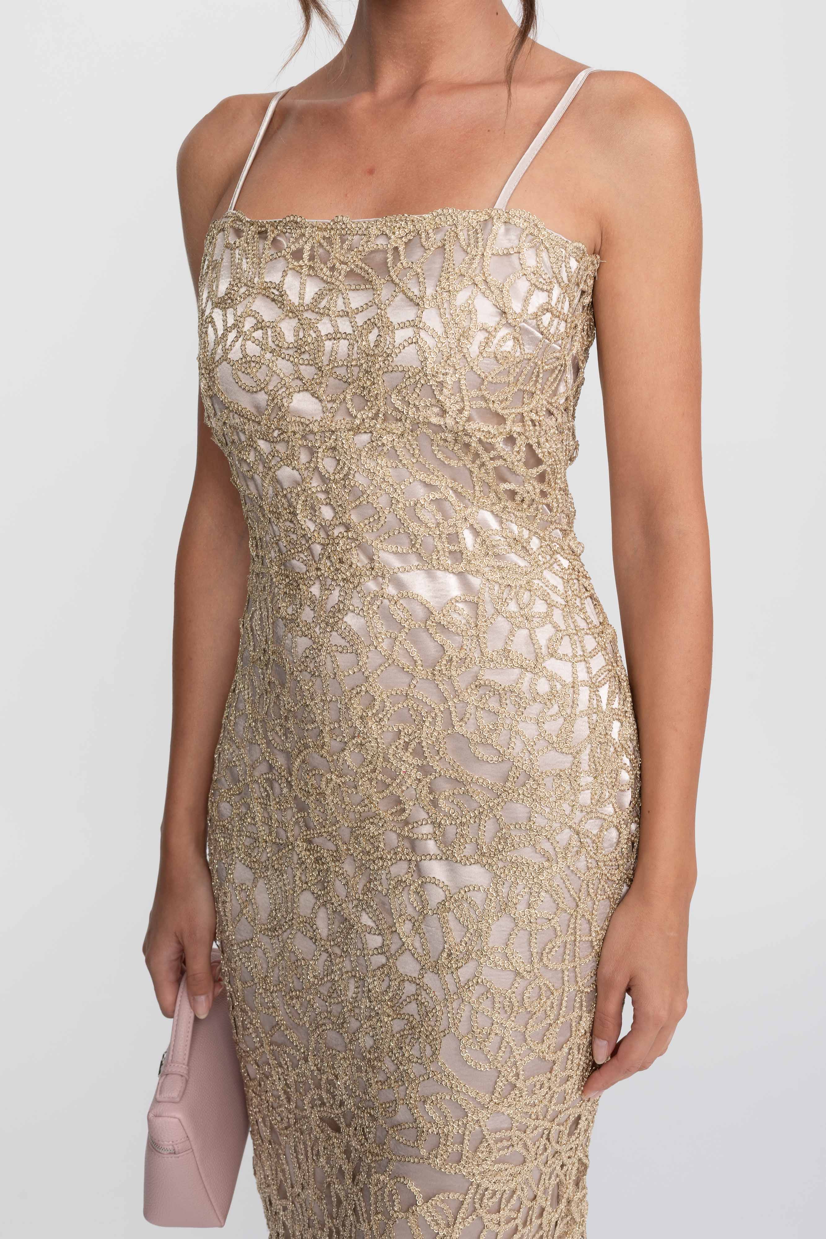 Metallic Lace Sheath Dress With Square Neck - Gold