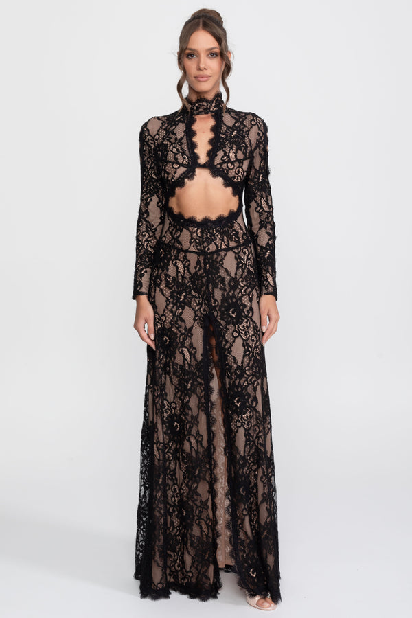 Elegantes Spitzenkleid mit hohem Kragen, Front-Ausschnitt und Schlitz - Schwarz 