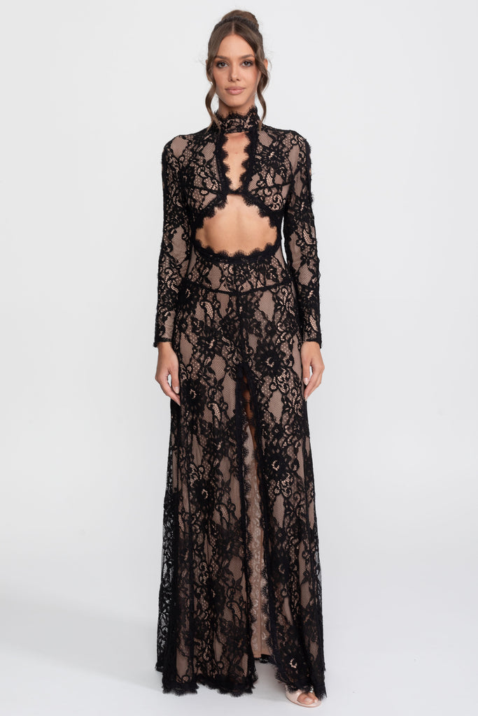 Elegant Lace Gown With High Neck, Front Cutout And Slit - Black