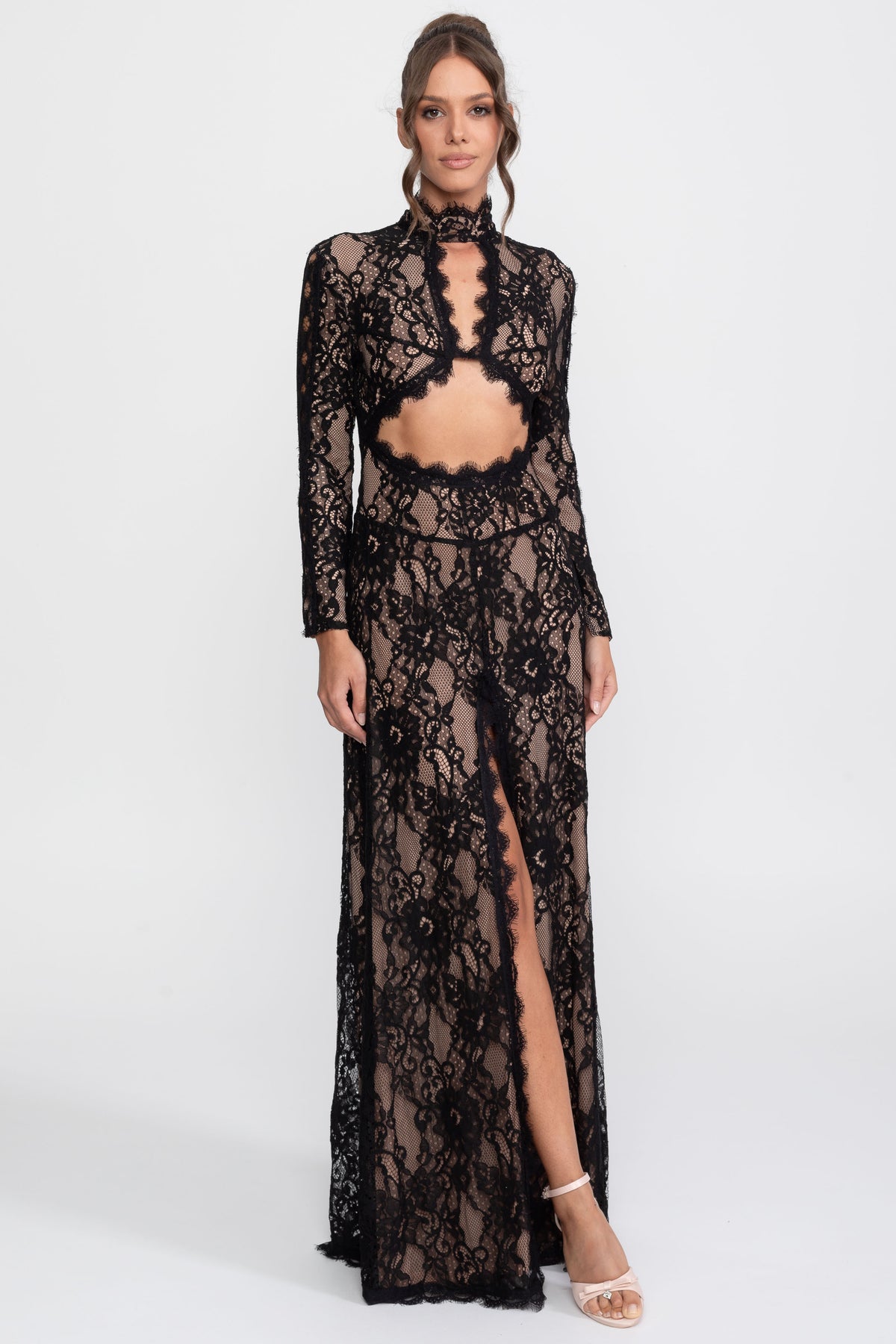 Elegantes Spitzenkleid mit hohem Kragen, Front-Ausschnitt und Schlitz - Schwarz 