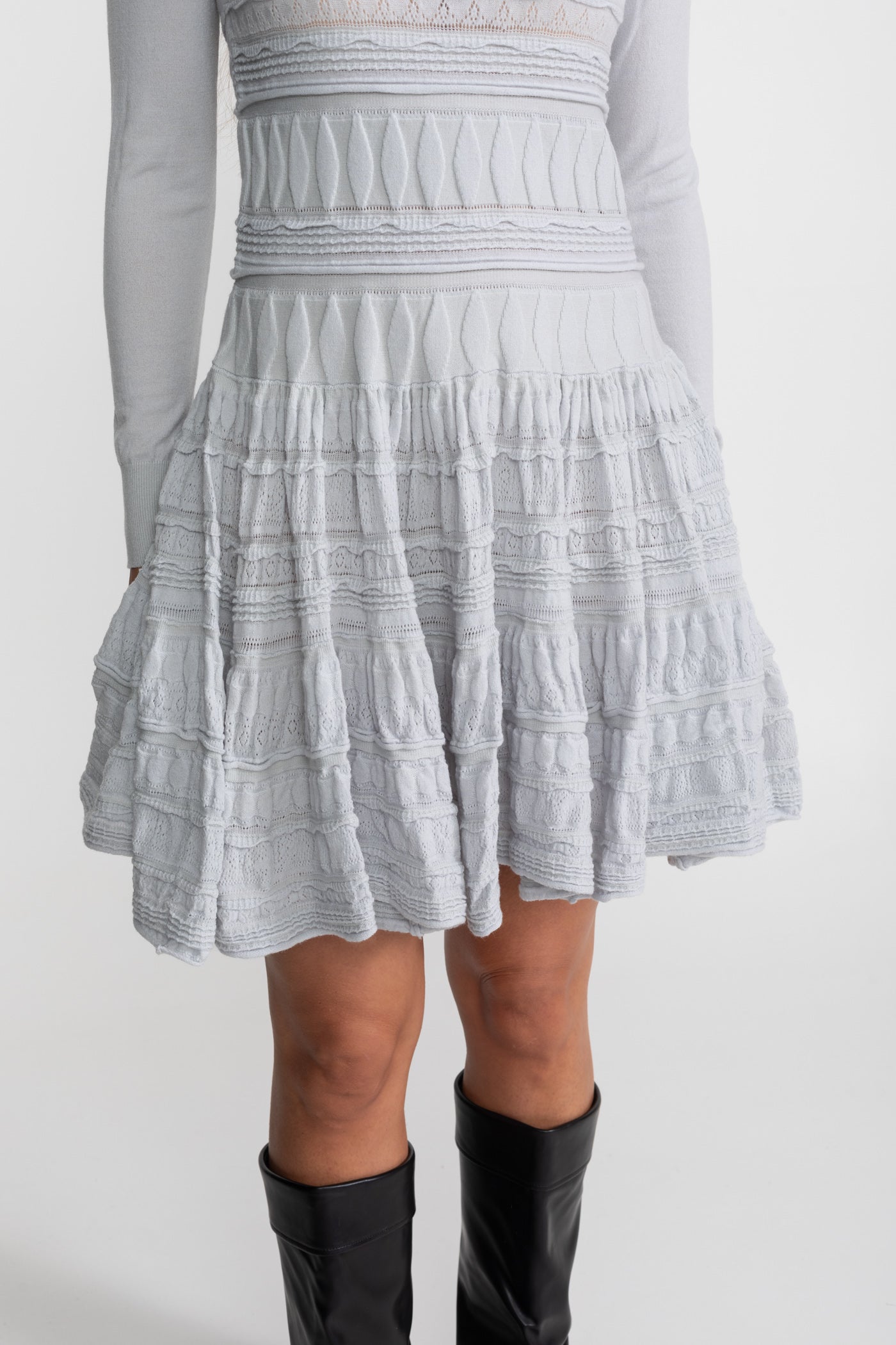 Textured Knit Mini Dress with Flared Skirt - Light Gray