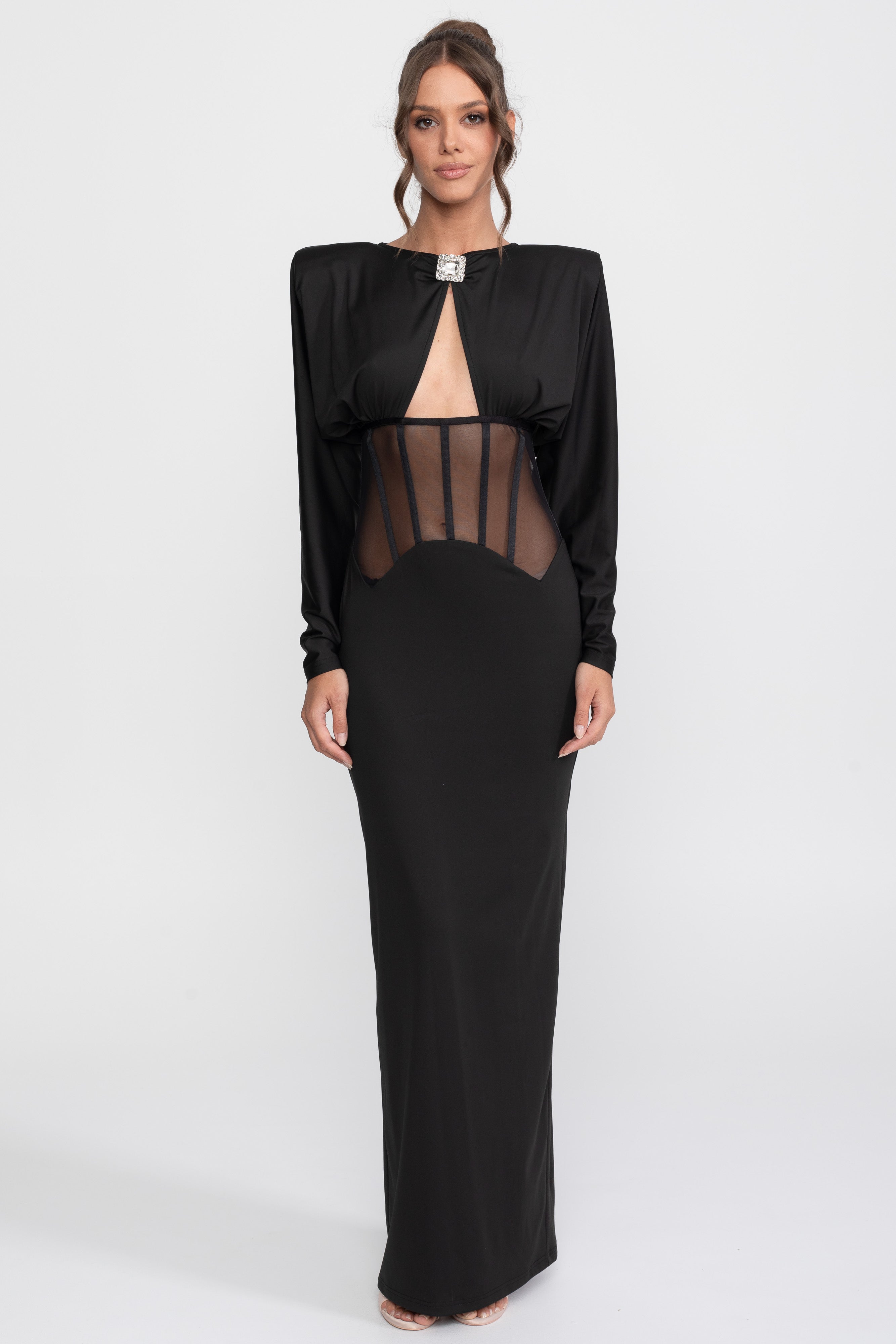 Cutout-Transparenz-Panel-Kleid mit langen Ärmeln - Schwarz 