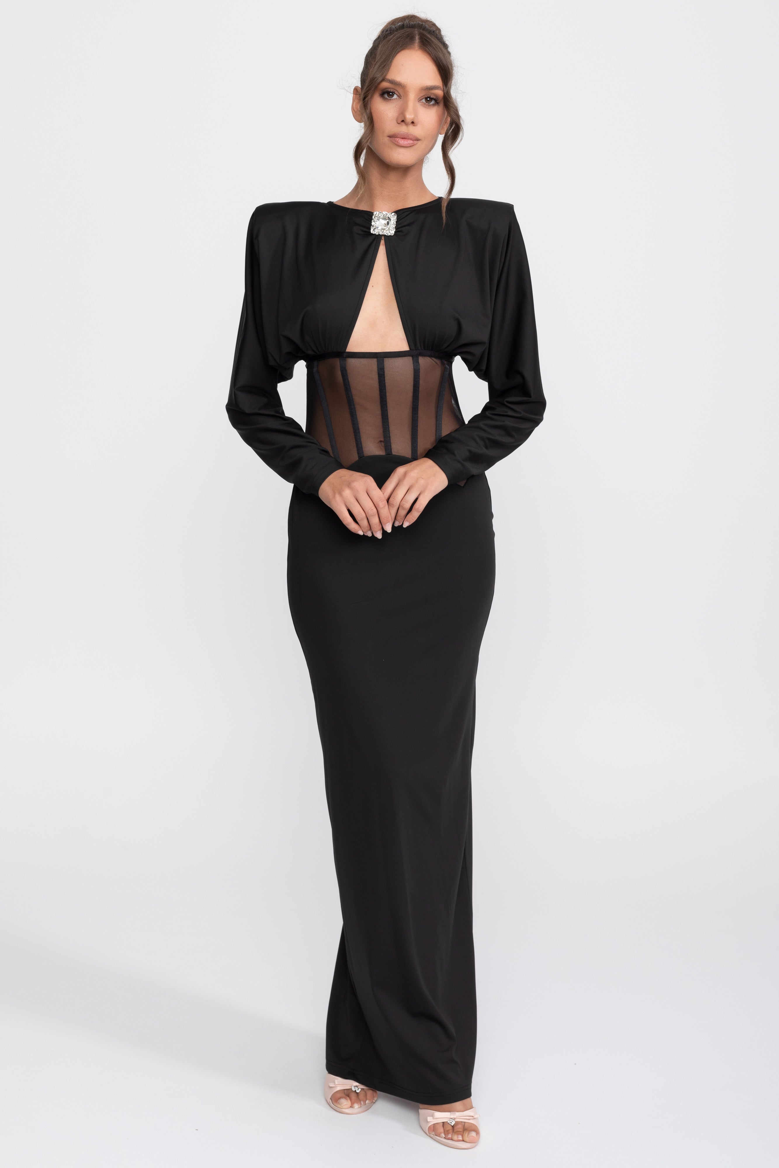 Cutout-Transparenz-Panel-Kleid mit langen Ärmeln - Schwarz 