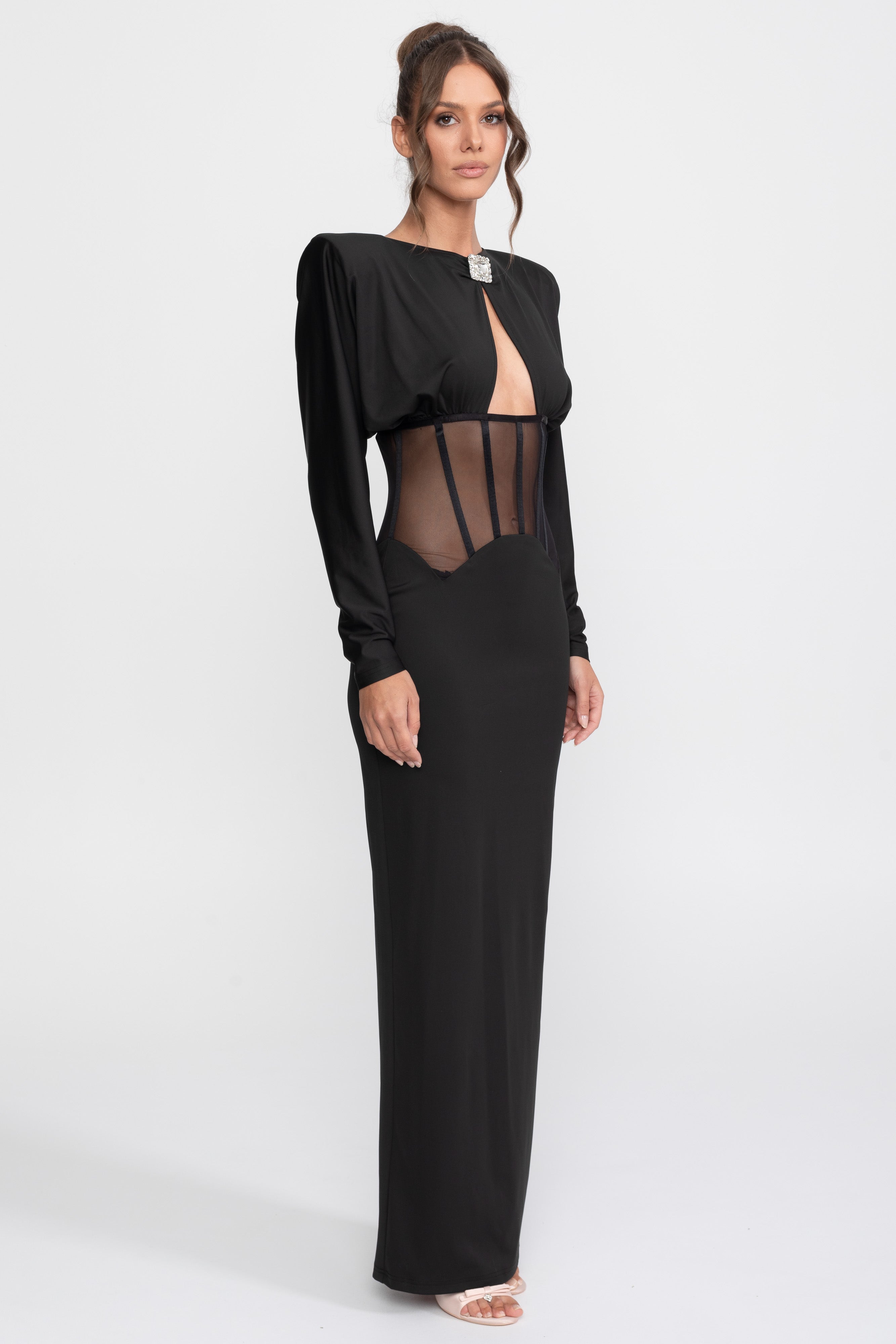 Cutout-Transparenz-Panel-Kleid mit langen Ärmeln - Schwarz 