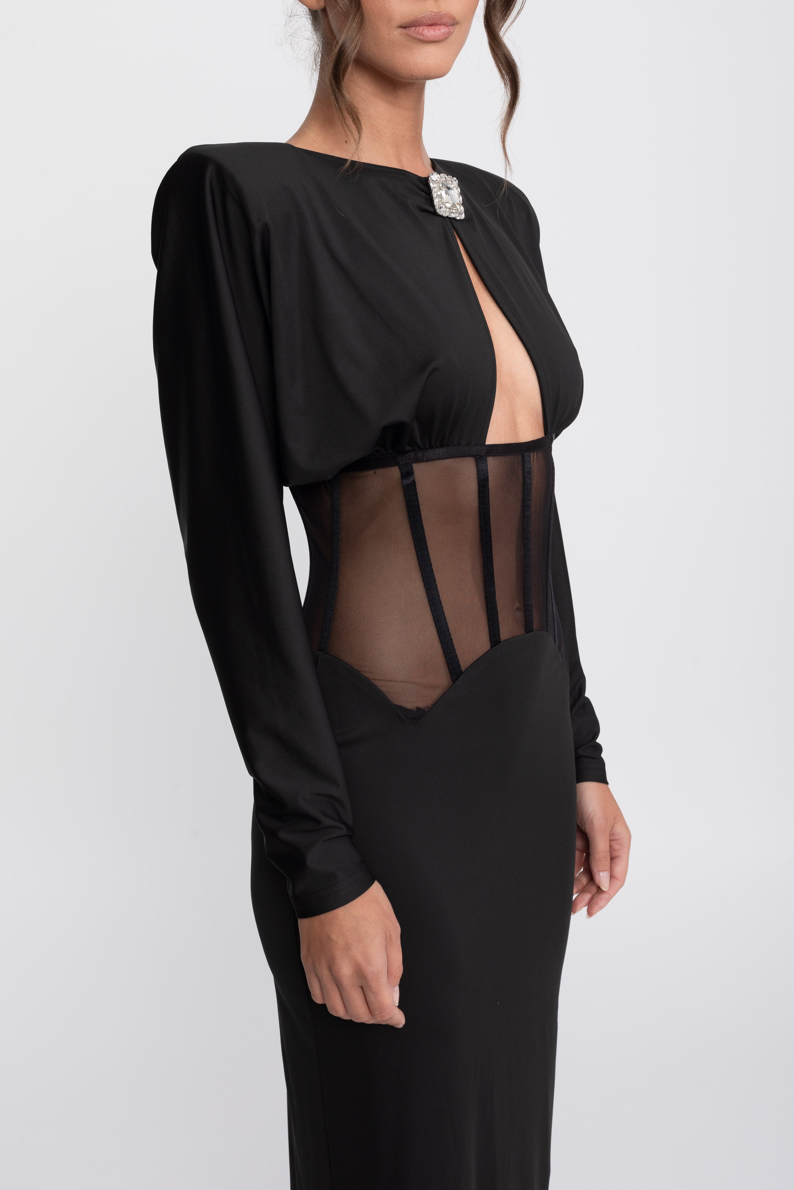 Cutout-Transparenz-Panel-Kleid mit langen Ärmeln - Schwarz 