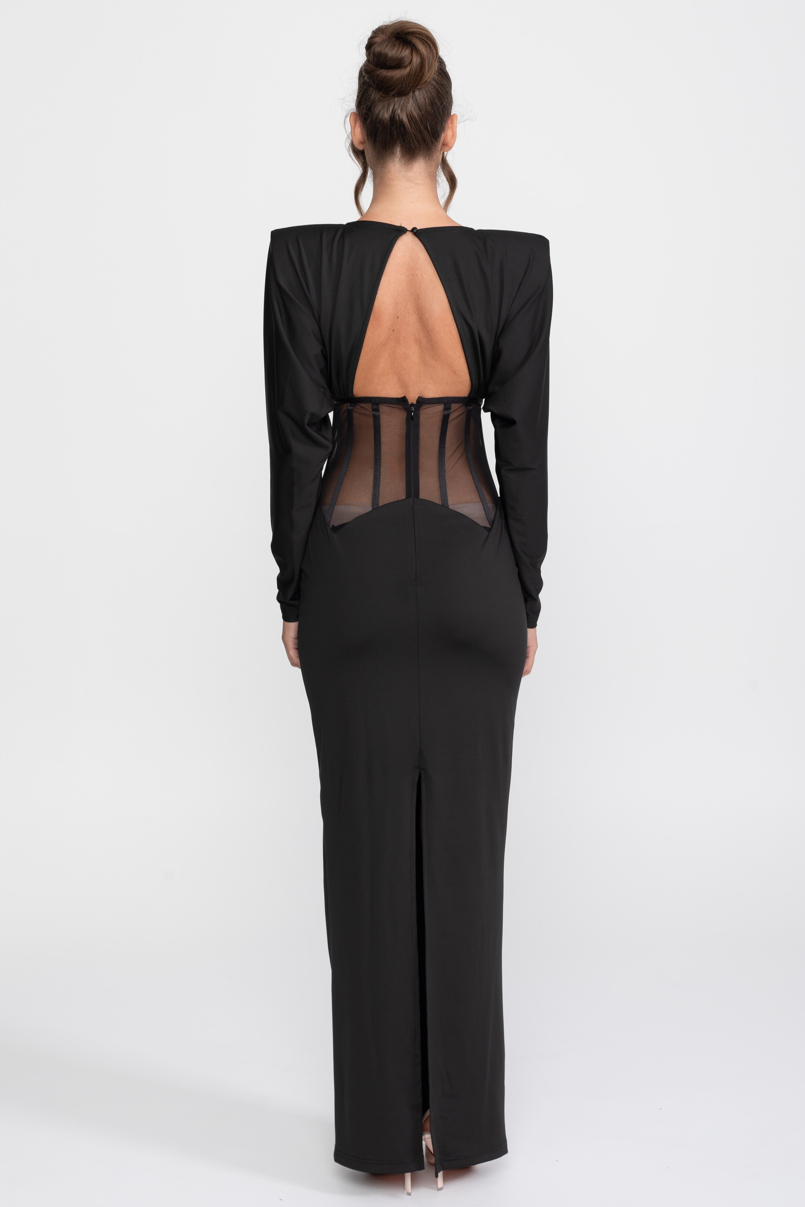 Cutout-Transparenz-Panel-Kleid mit langen Ärmeln - Schwarz 
