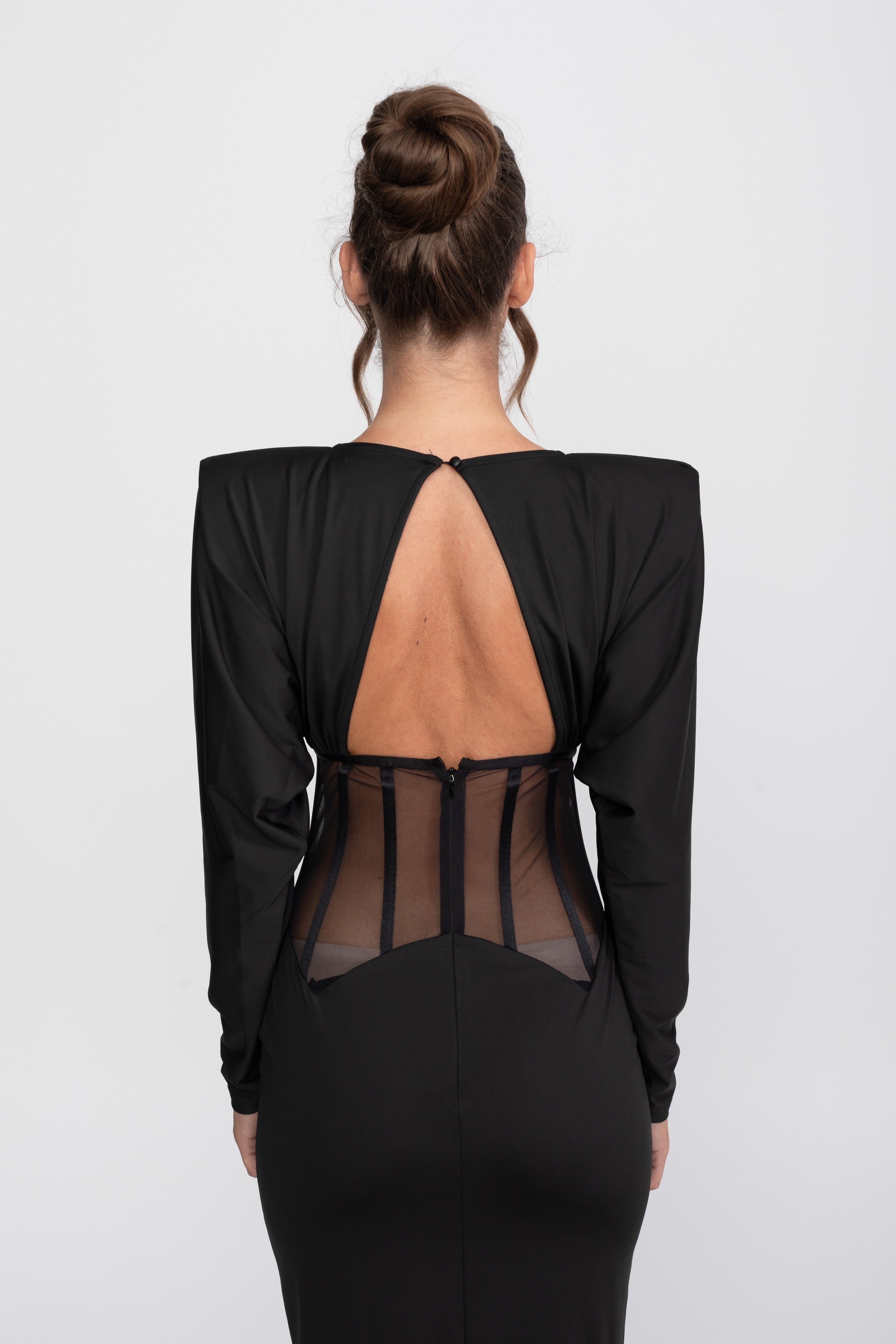 Cutout-Transparenz-Panel-Kleid mit langen Ärmeln - Schwarz 