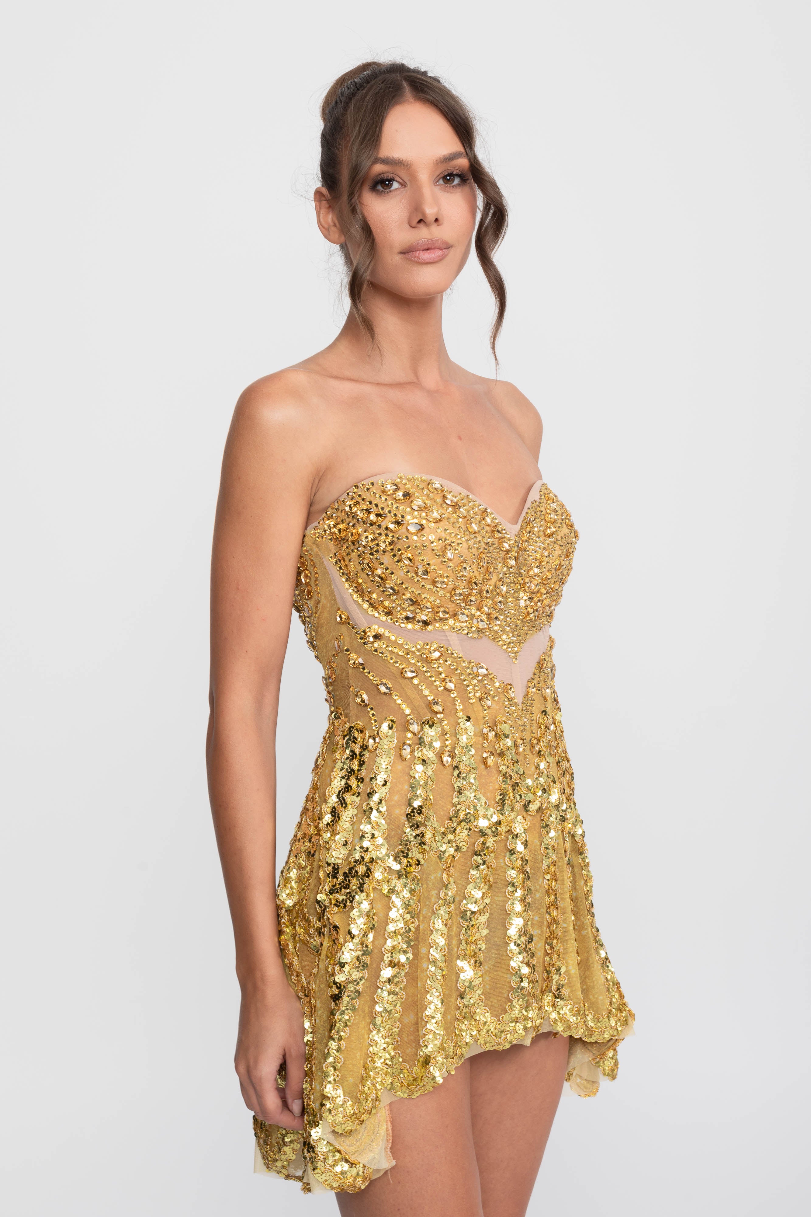 Jeweled Fit-and-Flare Mini Dress With Sweetheart Neckline  - Gold
