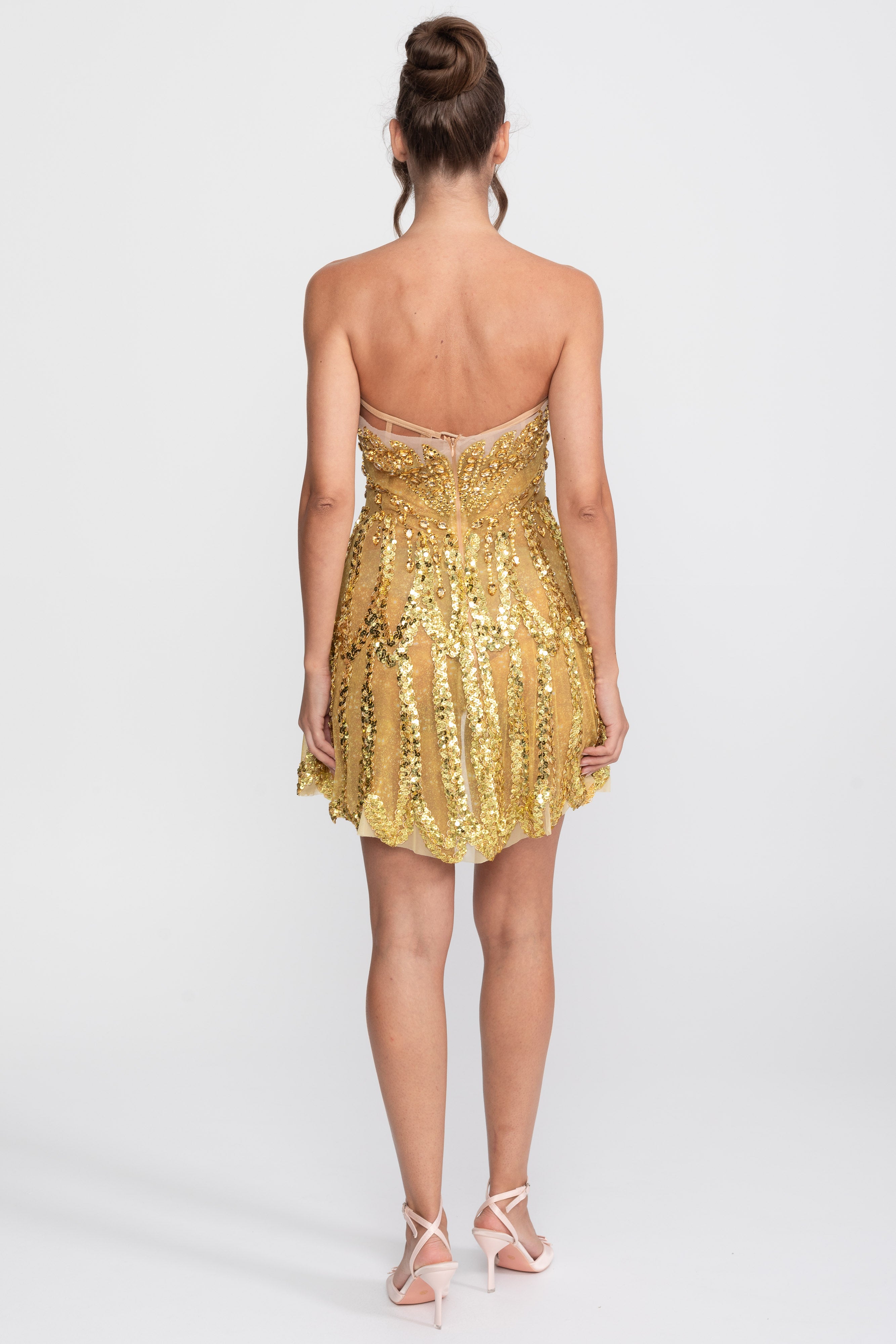 Jeweled Fit-and-Flare Mini Dress With Sweetheart Neckline  - Gold