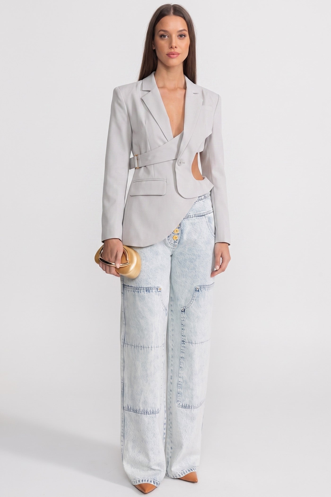 Asymmetrischer Cut-out-Blazer mit Gürtel-Detail - Hellgrau 